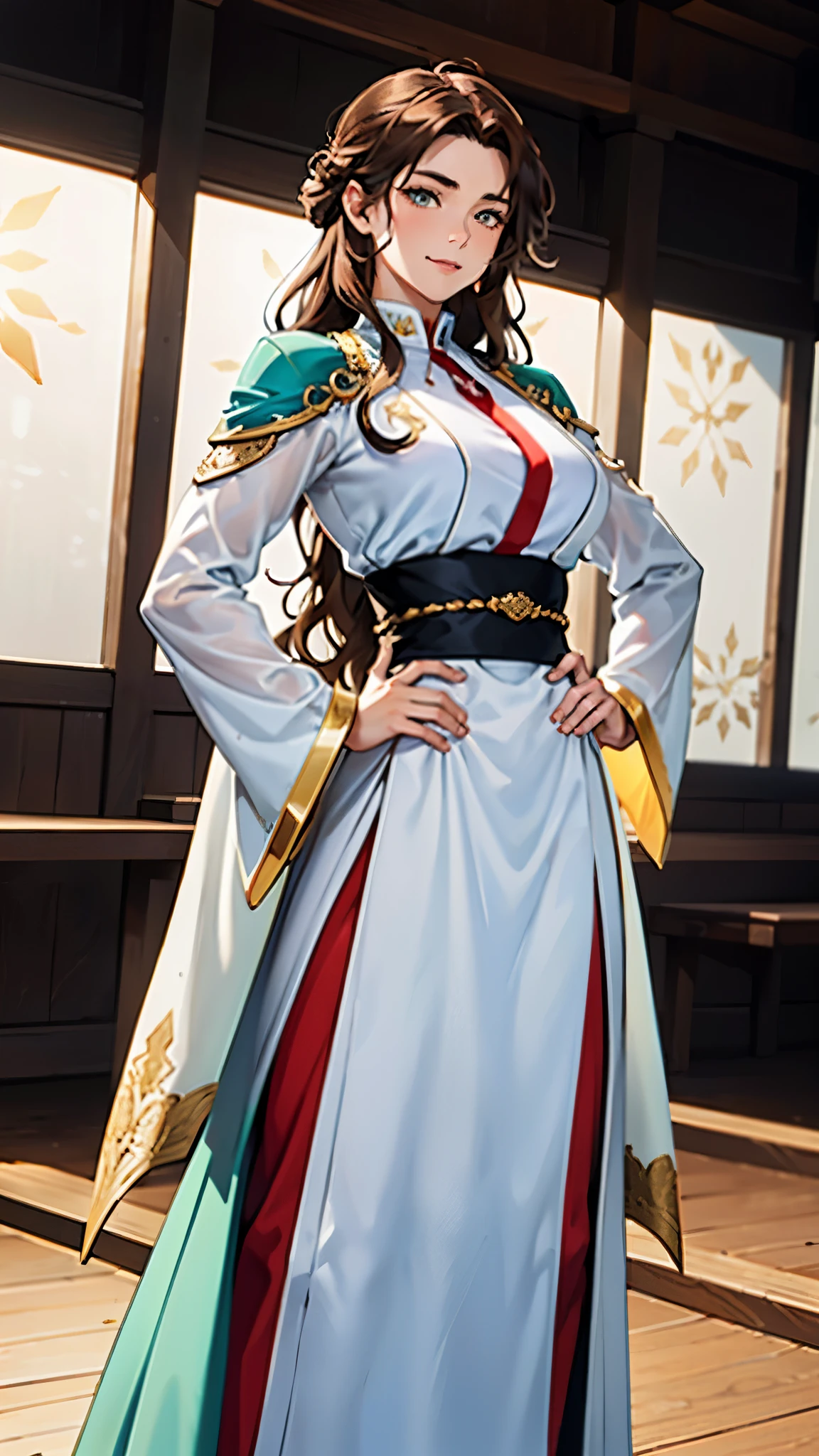 ((A teenager girl with long deep red wavy hair)), slender upturned eyebrows, sharp eyes, delicate features, ((a mix of Central Asian and European facial characteristics)), a hint of a smile at the corner of her mouth, exuding confidence, her figure is svelte, ((a fantasy-style long dress designed for both ease of movement and regal elegance, loose and comfortable trousers that match the outfit for ease of movement, red and white as the main color, complemented by yellow accents)), proudly standing with hands on hips, the scene is set in a majestic fantasy-style ancient city that melds Chinese and Japanese architectural influences, this character embodies a finely crafted fantasy martial arts-style female warrior in anime style, exquisite and mature manga art style, perfect nose, perfect mouth, perfect eyes, perfect hair, Perfect skin, textured skin, detailed skin, porcelain skin, high definition, best quality, highres, ultra-detailed, ultra-fine painting, extremely delicate, professional, anatomically correct, symmetrical face, extremely detailed eyes and face, high quality eyes, creativity, RAW photo, UHD, 32k, Natural light, cinematic lighting, masterpiece-anatomy-perfect, masterpiece:1.5