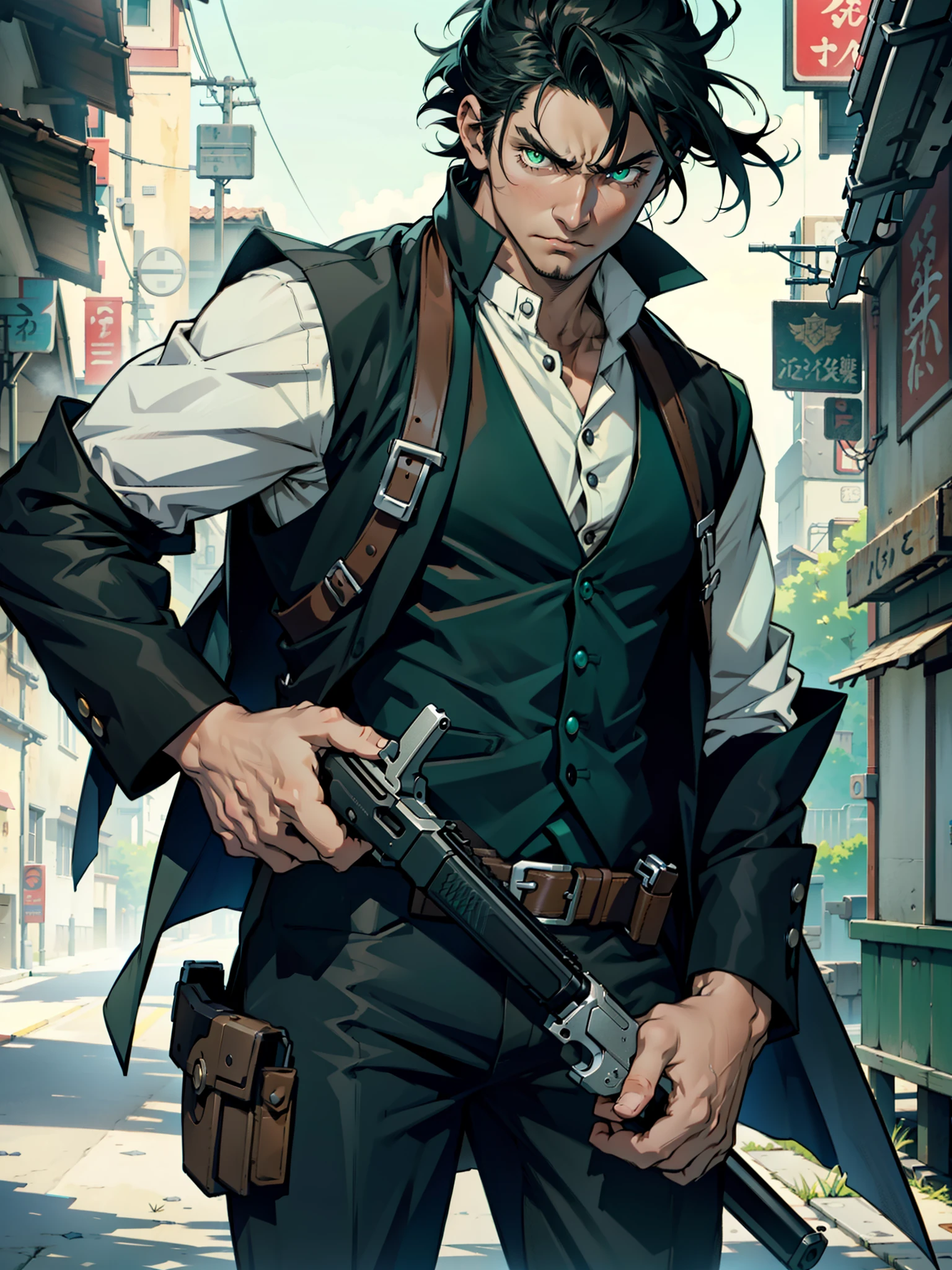 1 young black-haired man, long black vest, serious look, anime 1 man, make foicus, solo, solo focus, green eyes, full body shot, cowboy shot, long black vest, serious look, anime, holding a gun, holding weapon, holding a pistol, holding a revolver, finger on trigger.