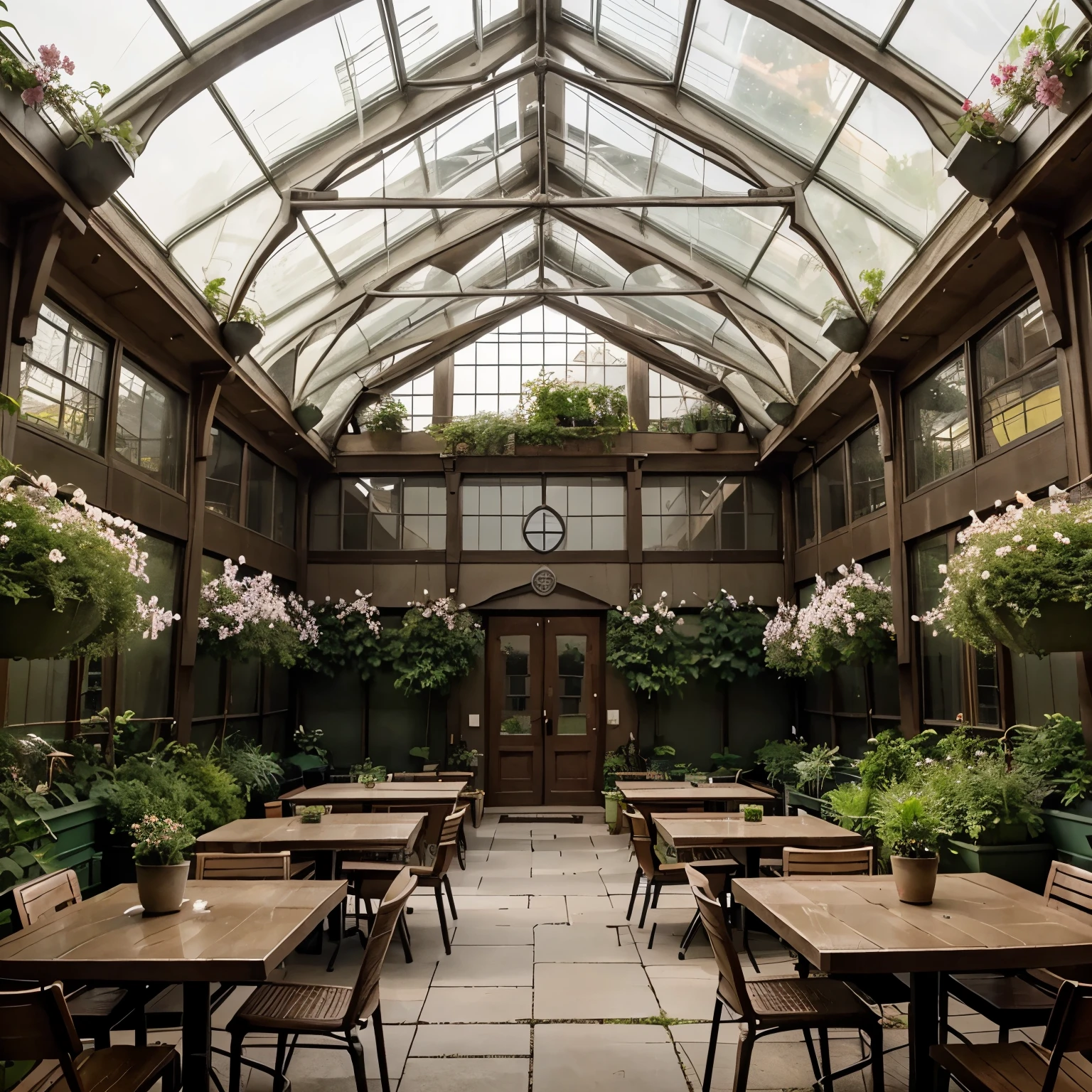 Inside of a large square yard with a roof similar to the Hogwarts glass greenhouse, there's a single big sakura tree like a square in the middle of the greenhouse that comes out of the roof, and the yard is full of flowers and plants that make the yard look dark green and foggy, around the tree there are five coffee shop tables and chairs arranged randomly around the tree in the middle of the greenhouse.