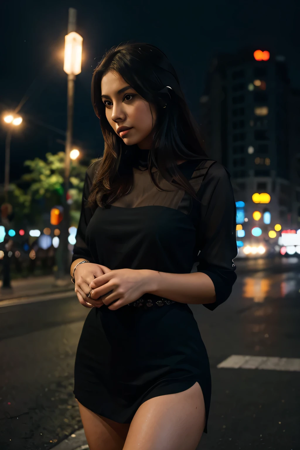 1girl, (looking at camera:1.2), detail face, (25 years old, extremely beautiful and seductive indonesian mix italian girl standing, doggy pose, surrounding by city light, night time, rending on cgsociety, black shadows, streaming, jakarta skyscraper backdrop), romanticism, atmospheric, (RAW photo, best quality), (realistic, photo-realistic:1.3), masterpiece, an extremely delicate, attractive and beautiful, extremely detailed,