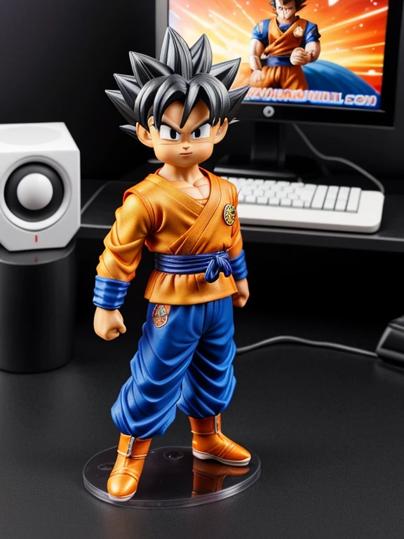 dragonball, dragonball hero, son goku, small bobble head figure, small plastic son goku figure with big nodding head, figure glued on the desk next to the computer monitor and keyboard , realistic