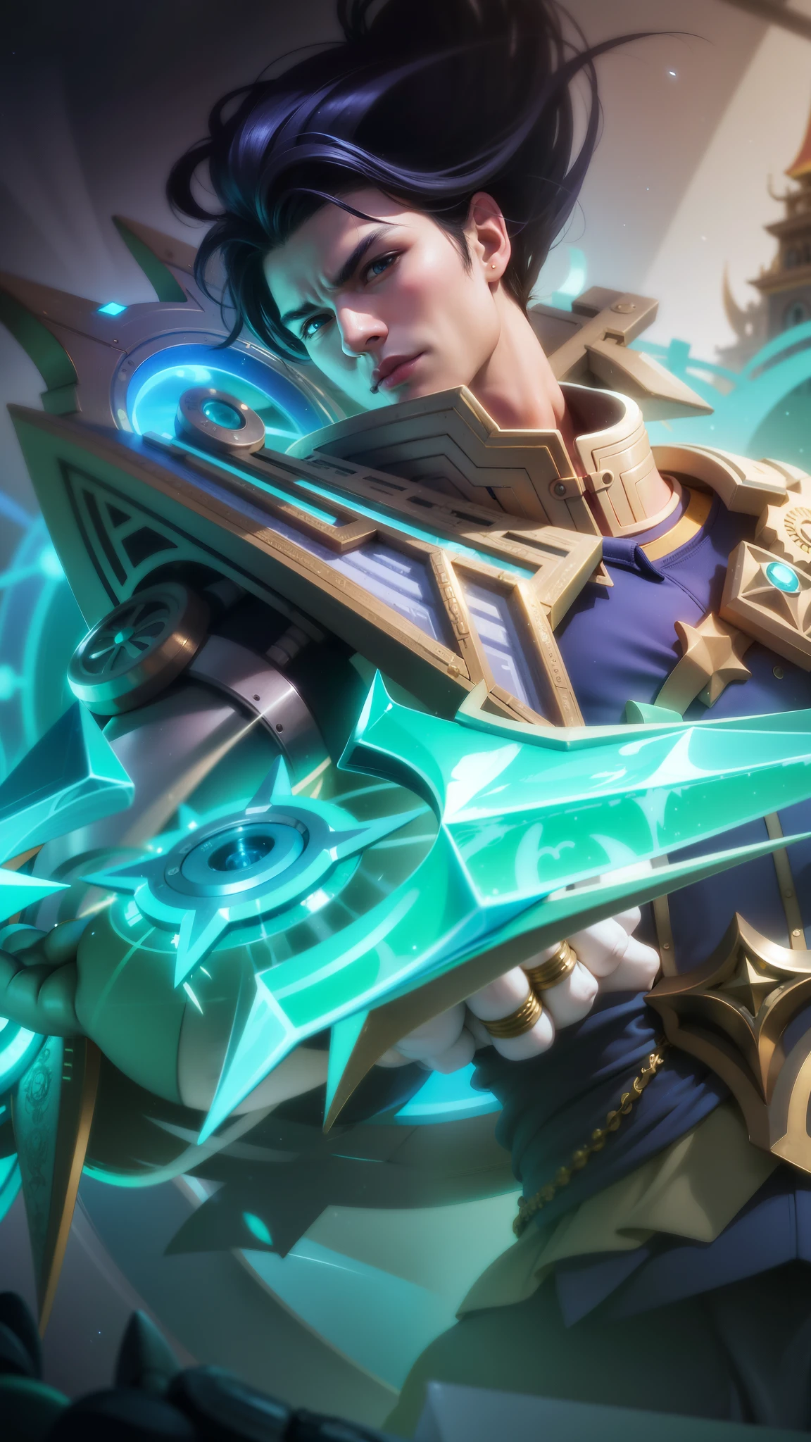 (Intricate Details, Masterpiece, Best Quality, High Resolution, 8k), (1man), (male:1.2), finely detailed eyes and face, toned body, masculine appeal, commanding presence, hot stud, bulging biceps and triceps, well-developed quadriceps and hamstrings, light skin, burgundy straight layered bangs hair, aquamarine eyes,  ornate details,  portrait, solo, half shot, looking down, detailed background, detailed face, (cogpunkai, cogpunk theme:1.1),  tech-mage,   [magic|technology], melding of spellcraft and advanced technology,  intricate [spellcasting clotheechanical gear], gear shaped glyphs,  ancient crystals,  [gears|ancient spell],  floating particles,  [innovative|enchanting] aura, high tech vehicle in background,   , finely detailed background, Depth of Field, VFX, young man and handsome.