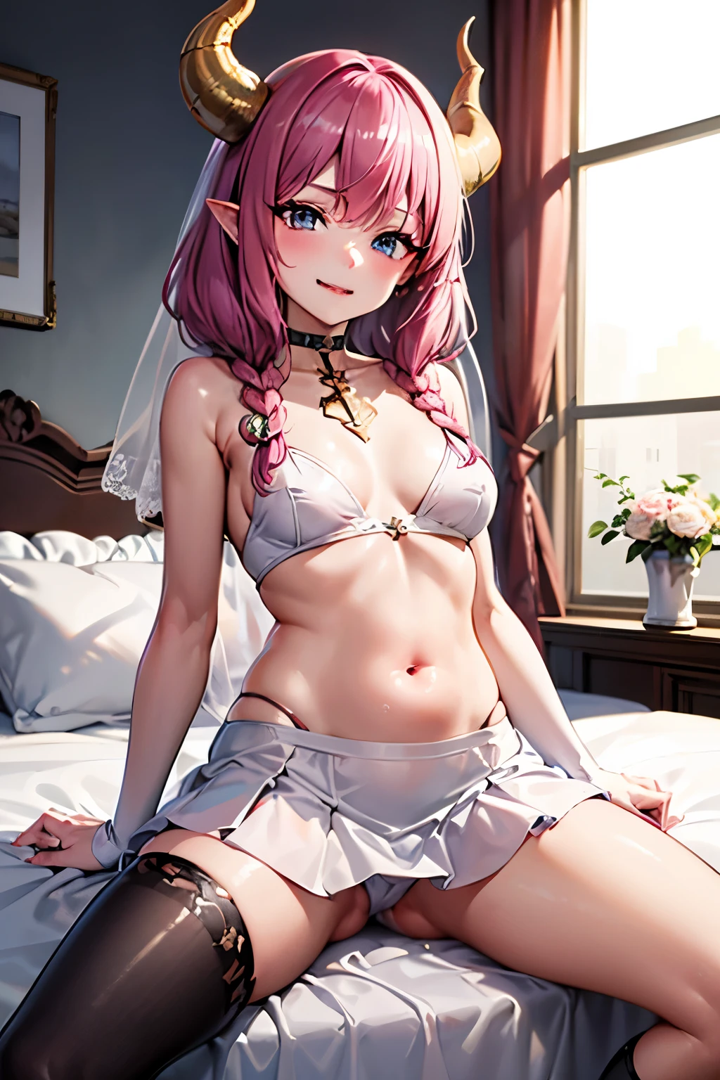 very delicate and beautiful girl,8k wallpaper,masterpiece,danntoudainoaura,Bedroom,1 girl,alone,devil's horns,devil girl,belly on,long hair,medium breaow bag,((black thigh high socks)),belly button cutooots,choker,((Wedding dress)),(sit on bed),looking at the viewer、Photo from below、((sit cross-legged))、(cover one's chest with one's handini skirt