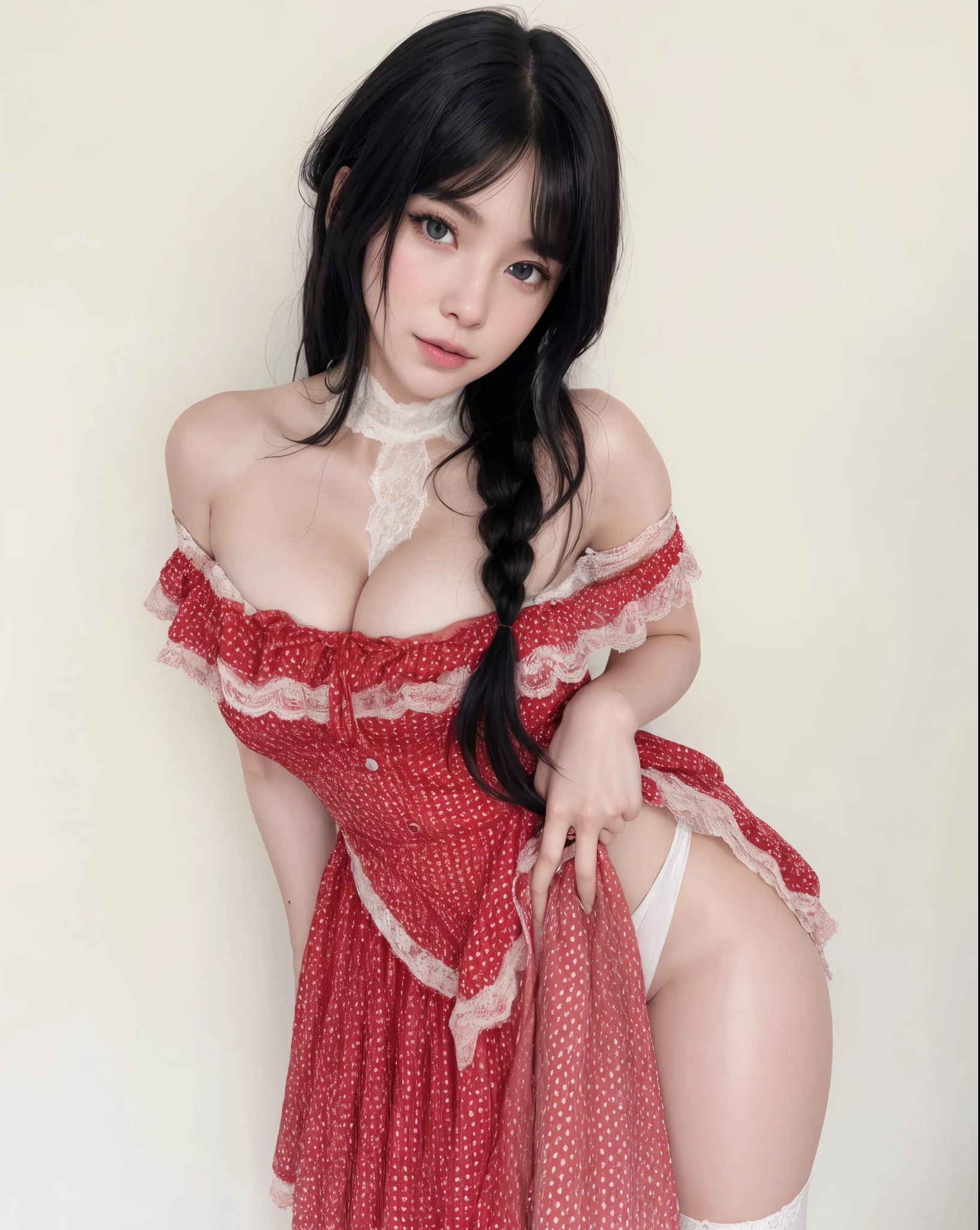 Araffe vestida con un vestido rojo y medias blancas posando para una foto., amoranto, pale and light skin!!, small with curves, with pale skin, encaje rojo, young beautiful amoranto, en vestido, better known as amoranto, bella delfina, 🐎🍑, , soft pale white skin, fairy core