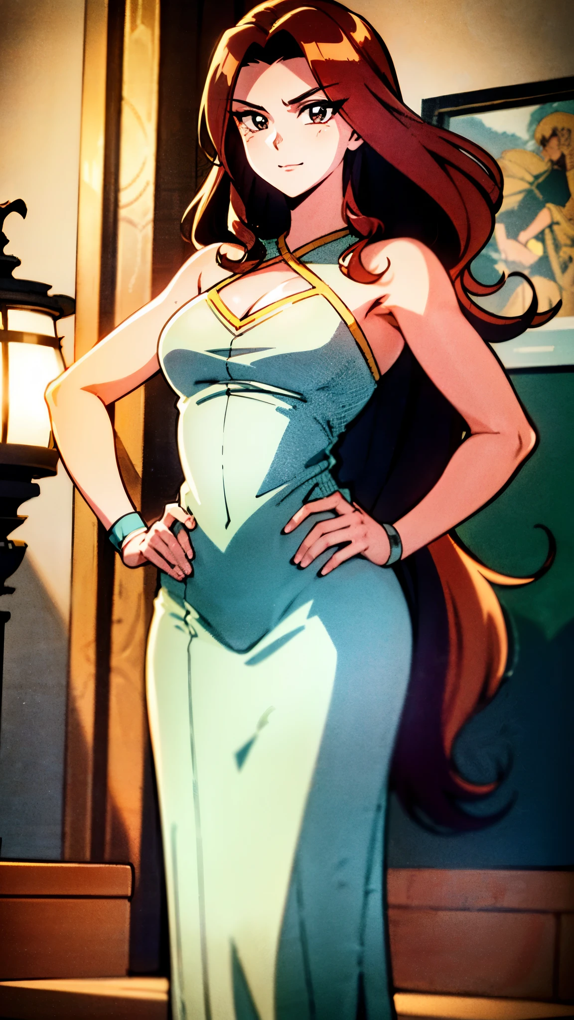 ((A teenager girl with long deep red wavy hair)), slender upturned eyebrows, sharp eyes, delicate features, ((a mix of Central Asian and European facial characteristics)), a hint of a smile at the corner of her mouth, exuding confidence, her figure is svelte, ((a fantasy-style long dress designed for both ease of movement and regal elegance, loose and comfortable trousers that match the outfit for ease of movement, red and white as the main color, complemented by yellow accents)), proudly standing with hands on hips, the scene is set in a majestic fantasy-style ancient city that melds Chinese and Japanese architectural influences, this character embodies a finely crafted fantasy martial arts-style female warrior in anime style, exquisite and mature manga art style, perfect nose, perfect mouth, perfect eyes, perfect hair, Perfect skin, textured skin, detailed skin, porcelain skin, high definition, best quality, highres, ultra-detailed, ultra-fine painting, extremely delicate, professional, anatomically correct, symmetrical face, extremely detailed eyes and face, high quality eyes, creativity, RAW photo, UHD, 32k, Natural light, cinematic lighting, masterpiece-anatomy-perfect, masterpiece:1.5