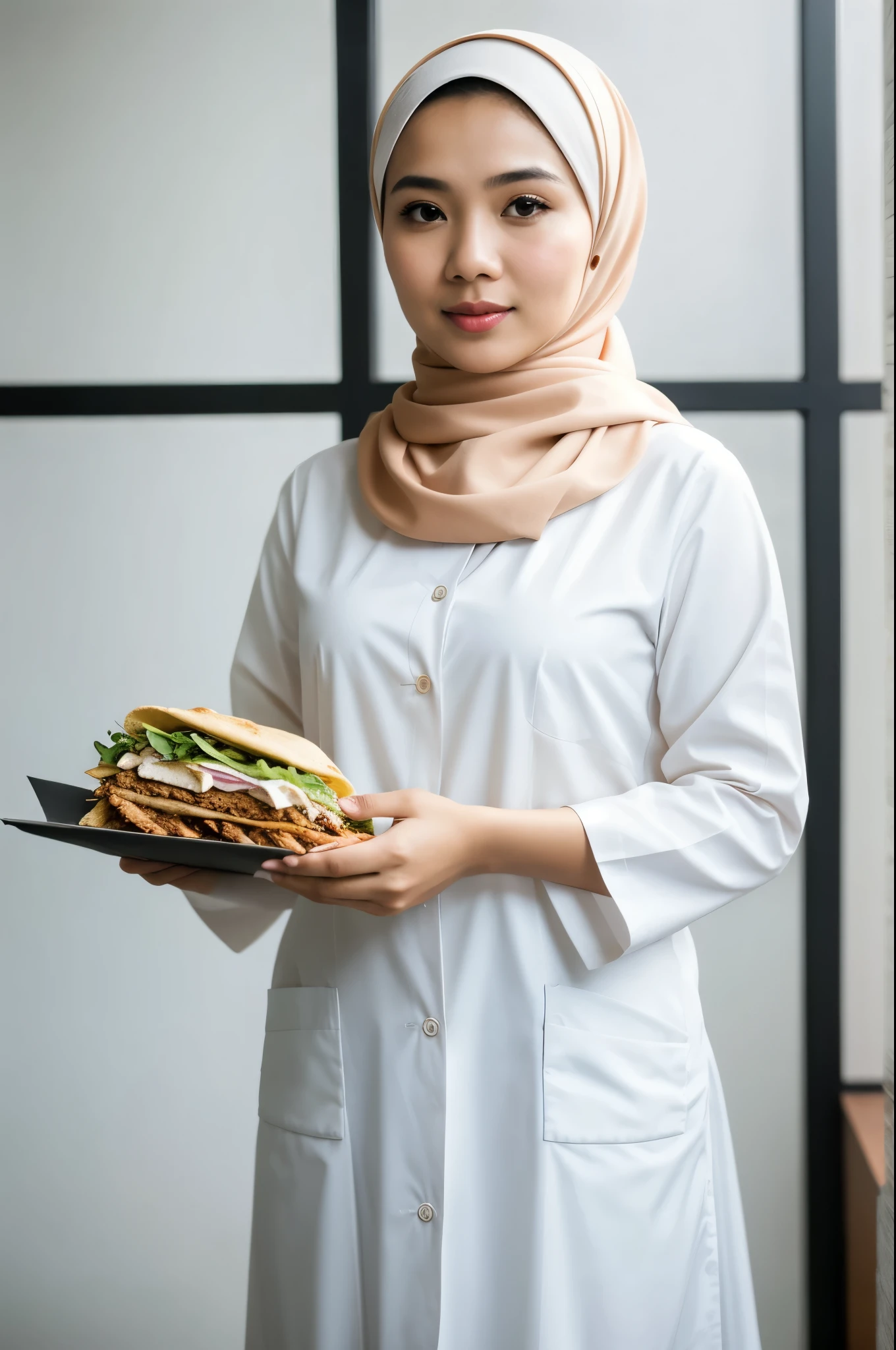 ultra realistic beautiful Indonesian woman wearing hijab and scientist clothes holding shawarma, ultra HD, 8K resolutions, isolated white background, full body, good anatomy, wide angle, shot on ARRI ALEXA 65, bokeh, sharp focus on subject