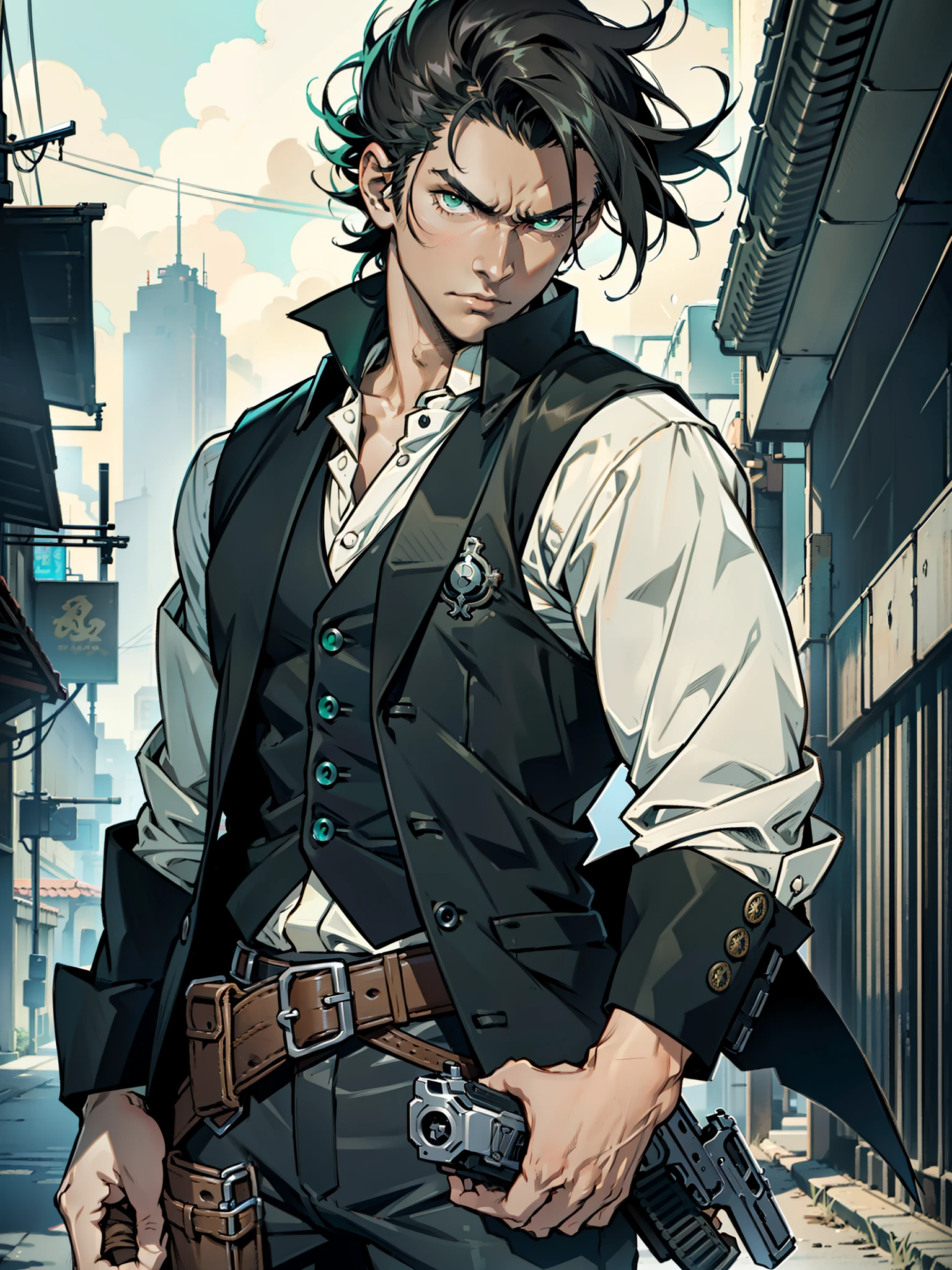 ung black-haired man, long black vest, serious look, anime 1man, make focus, solo, solo focus, green eyes, full body shot, cowboy shot, long black vest, serious look, anime style, (holding a gun, holding weapon, holding a pistol, holding a revolver, 357 magnum revolver) finger on trigger.