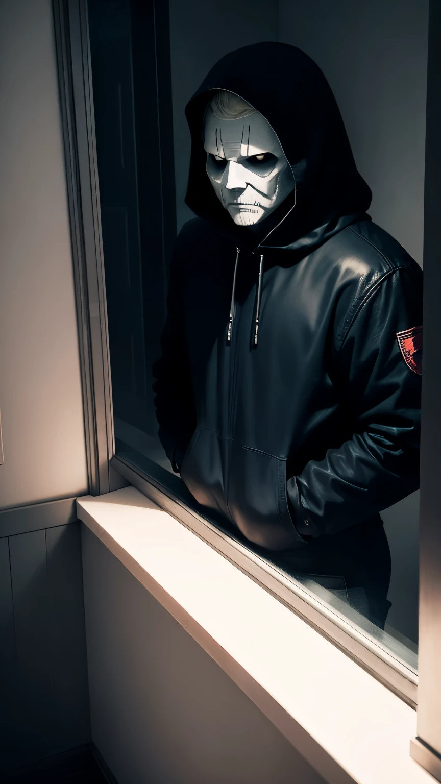 Michael Myers, the infamous Slasher, stands ominously before a window. The moonlight illuminates his mask, casting an eerie glow on his still face. His menacing presence is palpable as he stares into the darkness beyond, waiting for his next victim to unwittingly cross his path.