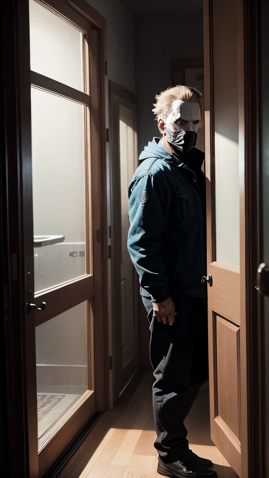 Michael Myers, the infamous Slasher, stands ominously before a window. The moonlight illuminates his mask, casting an eerie glow on his still face. His menacing presence is palpable as he stares into the darkness beyond, waiting for his next victim to unwittingly cross his path.