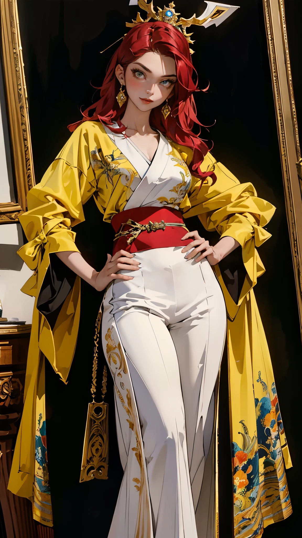 ((A teenager girl with long deep red wavy hair)), slender upturned eyebrows, sharp eyes, delicate features, ((a mix of Central Asian and European facial characteristics)), a hint of a smile at the corner of her mouth, exuding confidence, her figure is svelte, ((a fantasy-style long dress designed for both ease of movement and regal elegance, loose and comfortable trousers that match the outfit for ease of movement, red and white as the main color, complemented by yellow accents)), proudly standing with hands on hips, the scene is set in a majestic fantasy-style ancient city that melds Chinese and Japanese architectural influences, this character embodies a finely crafted fantasy martial arts-style female warrior in anime style, exquisite and mature manga art style, perfect nose, perfect mouth, perfect eyes, perfect hair, Perfect skin, textured skin, detailed skin, porcelain skin, high definition, best quality, highres, ultra-detailed, ultra-fine painting, extremely delicate, professional, anatomically correct, symmetrical face, extremely detailed eyes and face, high quality eyes, creativity, RAW photo, UHD, 32k, Natural light, cinematic lighting, masterpiece-anatomy-perfect, masterpiece:1.5