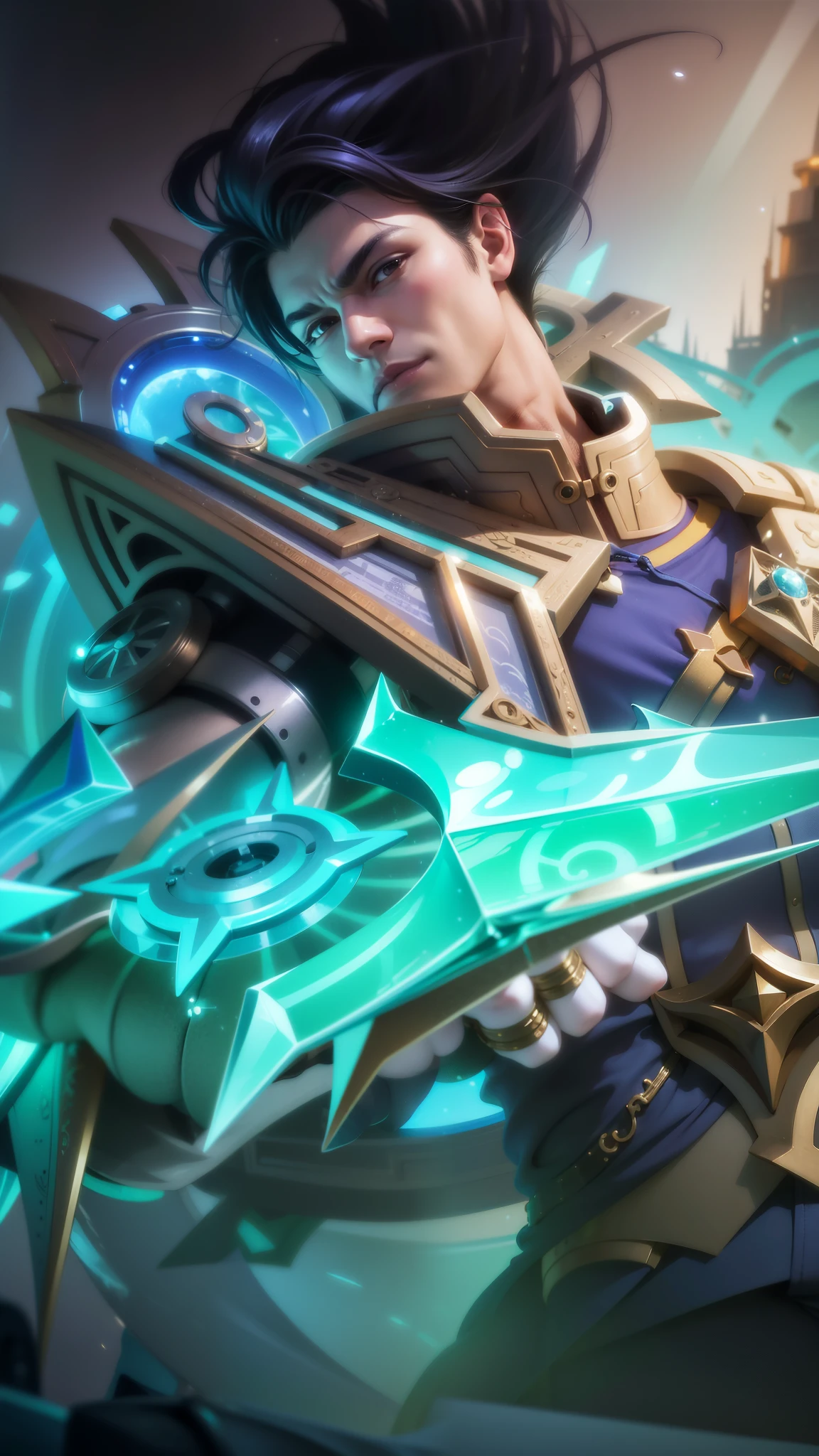 (Intricate Details, Masterpiece, Best Quality, High Resolution, 8k), (1man), (male:1.2), finely detailed eyes and face, toned body, masculine appeal, commanding presence, hot stud, bulging biceps and triceps, well-developed quadriceps and hamstrings, light skin, burgundy straight layered bangs hair, aquamarine eyes,  ornate details,  portrait, solo, half shot, looking down, detailed background, detailed face, (cogpunkai, cogpunk theme:1.1),  tech-mage,   [magic|technology], melding of spellcraft and advanced technology,  intricate [spellcasting clotheechanical gear], gear shaped glyphs,  ancient crystals,  [gears|ancient spell],  floating particles,  [innovative|enchanting] aura, high tech vehicle in background,   , finely detailed background, Depth of Field, VFX, young man and handsome.