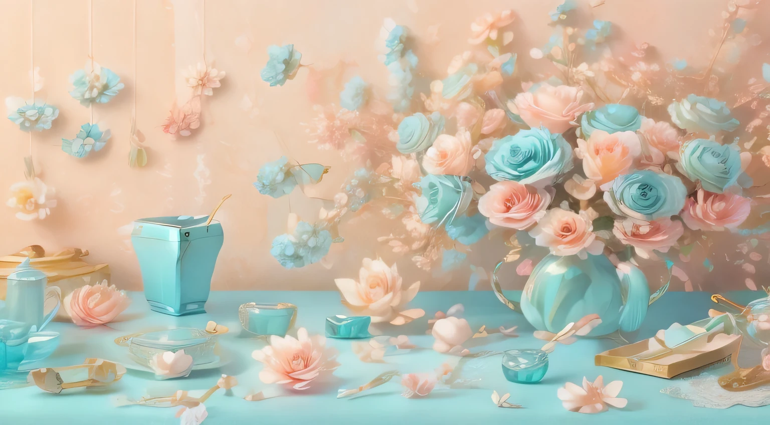 There is a vase on the table,There are flowers and other decorations inside, Beautiful composition 3-d 4k, pastel colors, soft overflow, Background still life photo, cyan photographic backdrop, fantastically pastel colors, soft rose, light blues and pinks, blue and pink, 饱和pastel colors, Soft colorful 3D, Colorful pastels, light blue