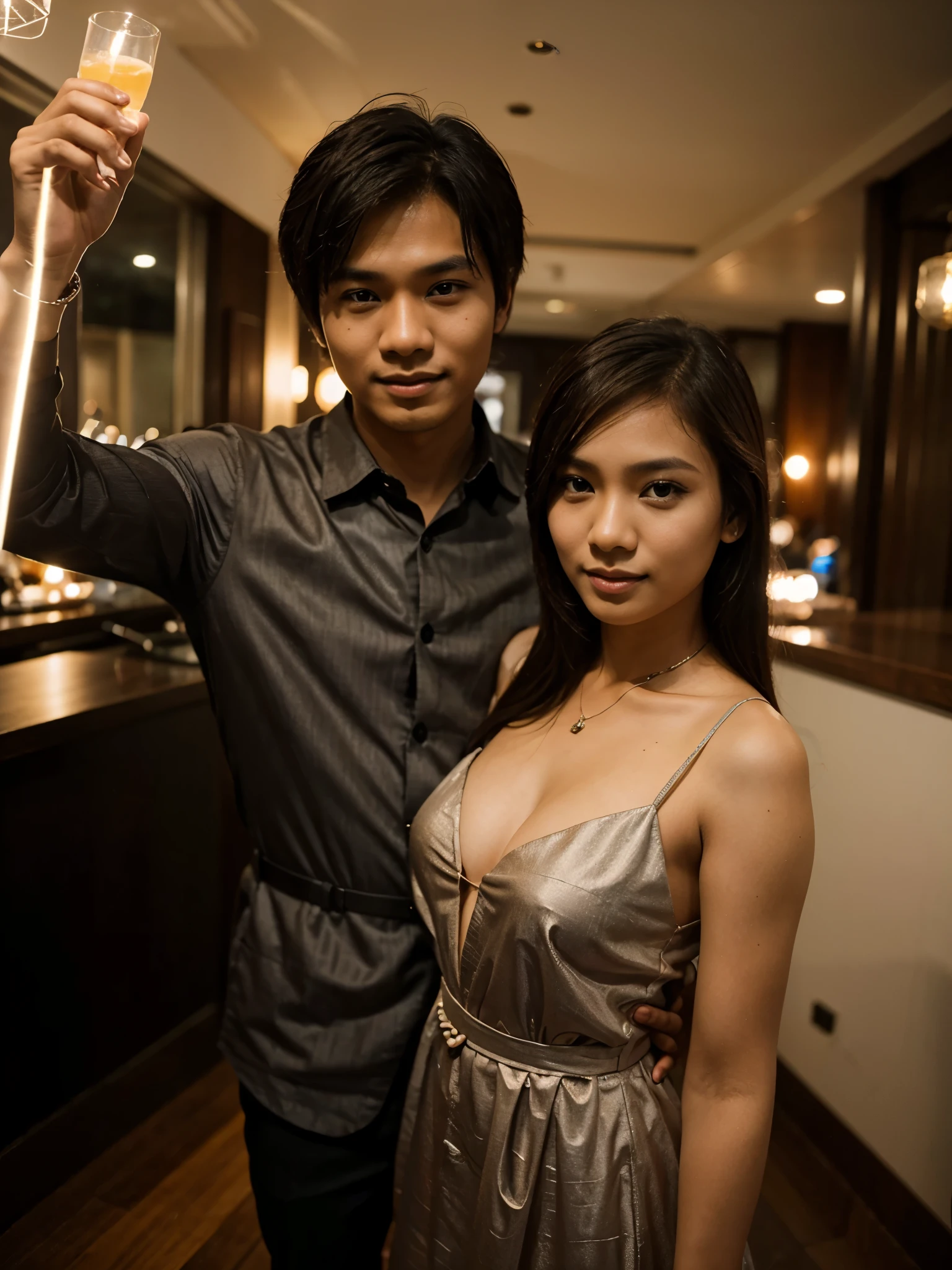 photo of a young couple from Indonesia in formal clothes taking a photo together at a party at night. photography, super detailed, realistic, ultra HD, 8K Resolution, facial details.