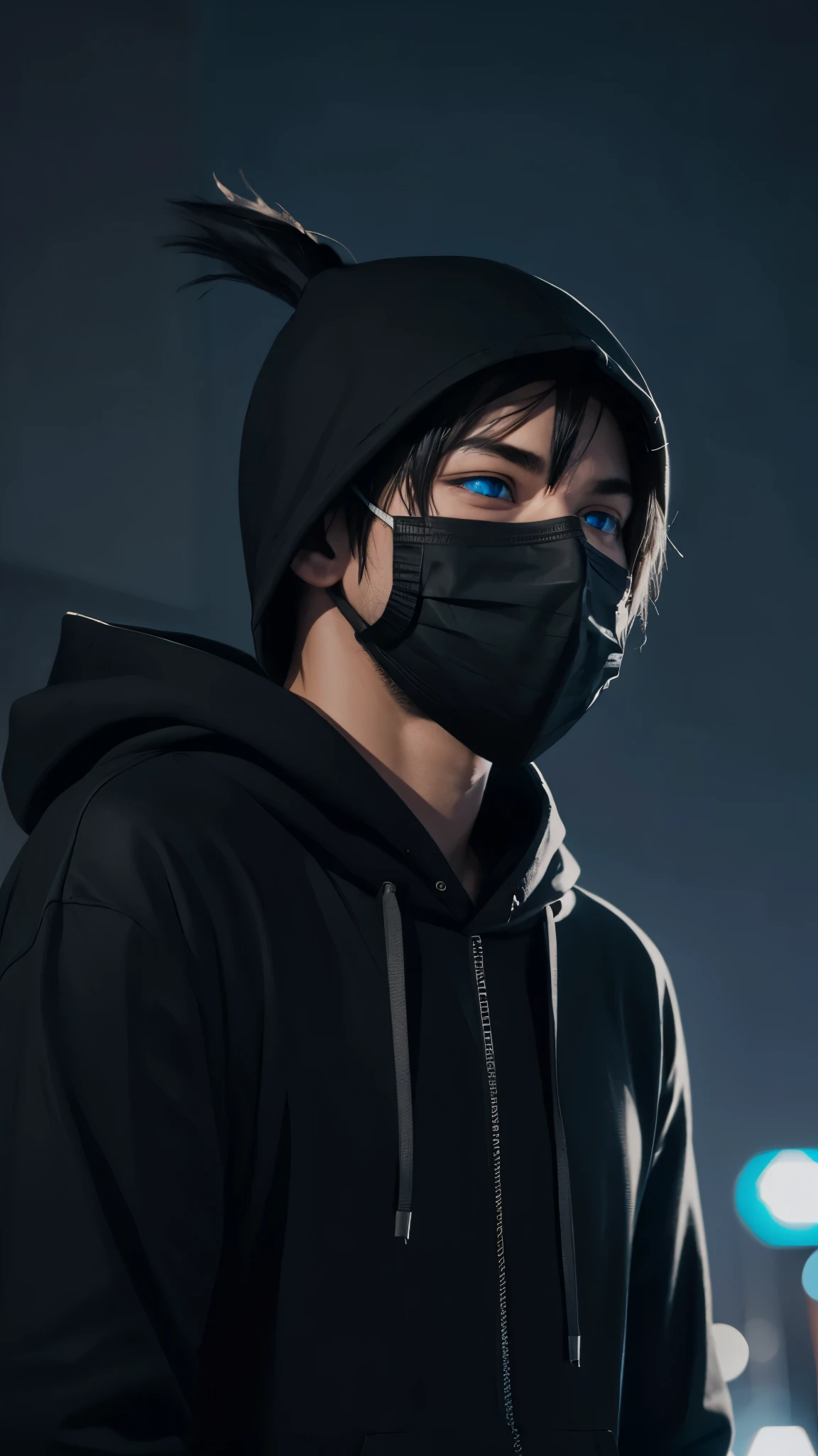 young man, black hoodie, masker, blue eyes, night