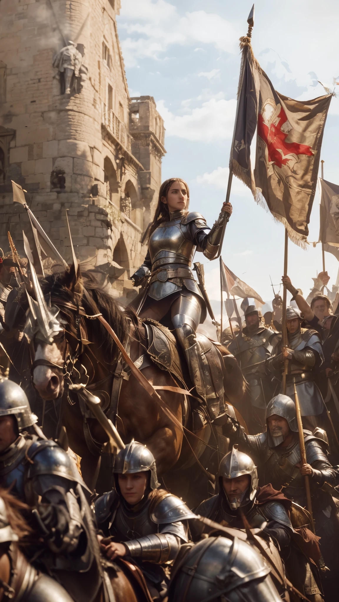 there is a man on a horse with a flag and a flag, joan of arc, emma watson as joan of arc, graphic artist magali villeneuve, medieval fantasy game art, crusader kings 3, picture of female paladin, medieval concept art, wojtek fus, by Ludwik Konarzewski, by Tadeusz Pruszkówski