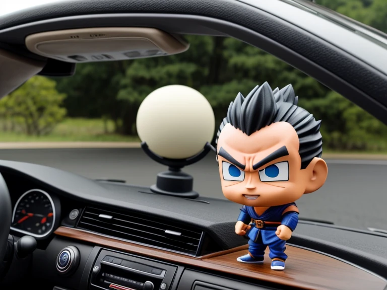 (best quality,realistic,ultra-detailed),Kamesennin action figure on the car's dashboard, small bobble head figure of Kamesennin from Dragonball with a big nodding head