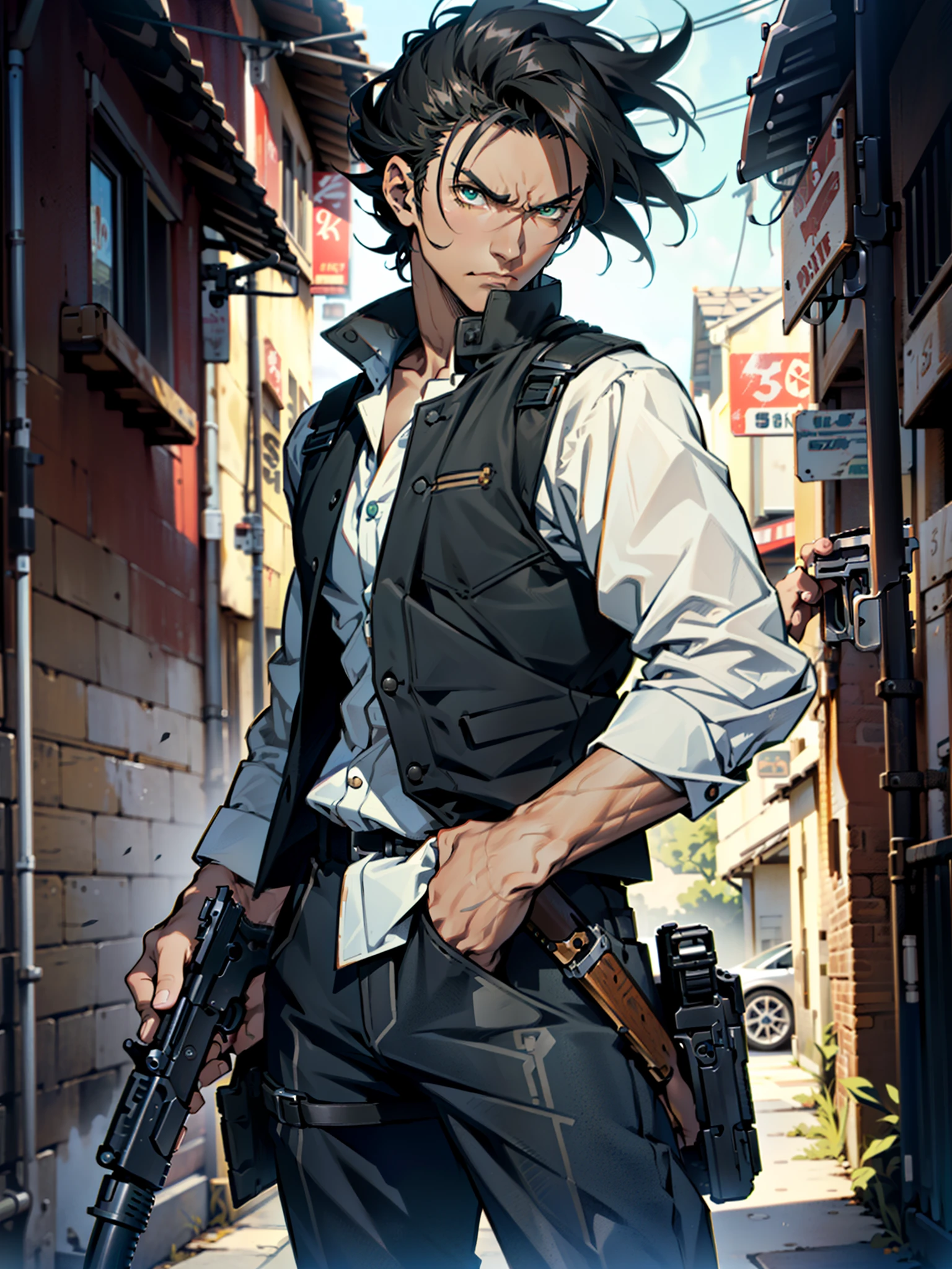1 young black-haired man, long black vest, serious look, anime 1man, make focus, solo, solo focus, green eyes, ((full body shot, cowboy shot)), serious look, anime style, ((holding a gun, holding weapon, holding a pistol, holding a revolver, 357 magnum revolver, finger on trigger)).