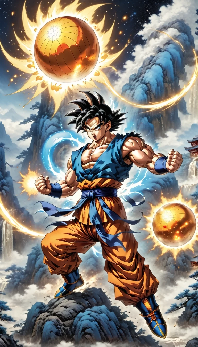(best quality,4k,8k,high resolution,masterpiece:1.2),Super detailed,(actual,photoactual,photo-actual:1.37),illustration,dragon ball,figure,Wukong,vegnette,robust,Saiyan,fighting,energy beam,Action packed,史诗般的fighting,martial arts,Explosive force level,flight,gas explosion,Transformation,Characteristic hairstyle,muscular,otherworldly existence,fantasy,venture,superhuman strength,Supernatural abilities,angry,Axia,Namexians,robot,fighting championship,galactic conquest,cosmic threat,evil villain,The ultimate warrior,Orbital energy attack,dynamic poses,rich and colorful,shining,eye-catching,high-energy,Explosive effect,Orin Temple,dragon balls,deformation,interesting,good and evil,Teamwork,loyalty,destiny,immortal,lasting legacy,A symbol of power,The spirit of never giving up,Heroes who save the earth,larger than life,Legend,Engaging narrative,Fast-paced,Rapid heartbeat,universe-altering ventures,Dream of becoming the strongest warrior.