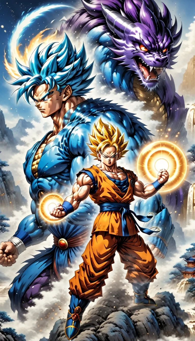 (best quality,4k,8k,high resolution,masterpiece:1.2),Super detailed,(actual,photoactual,photo-actual:1.37),illustration,dragon ball,figure,Wukong,vegnette,robust,Saiyan,fighting,energy beam,Action packed,史诗般的fighting,martial arts,Explosive force level,flight,gas explosion,Transformation,Characteristic hairstyle,muscular,otherworldly existence,fantasy,venture,superhuman strength,Supernatural abilities,angry,Axia,Namexians,robot,fighting championship,galactic conquest,cosmic threat,evil villain,The ultimate warrior,Orbital energy attack,dynamic poses,rich and colorful,shining,eye-catching,high-energy,Explosive effect,Orin Temple,dragon balls,deformation,interesting,good and evil,Teamwork,loyalty,destiny,immortal,lasting legacy,A symbol of power,The spirit of never giving up,Heroes who save the earth,larger than life,Legend,Engaging narrative,Fast-paced,Rapid heartbeat,universe-altering ventures,Dream of becoming the strongest warrior.