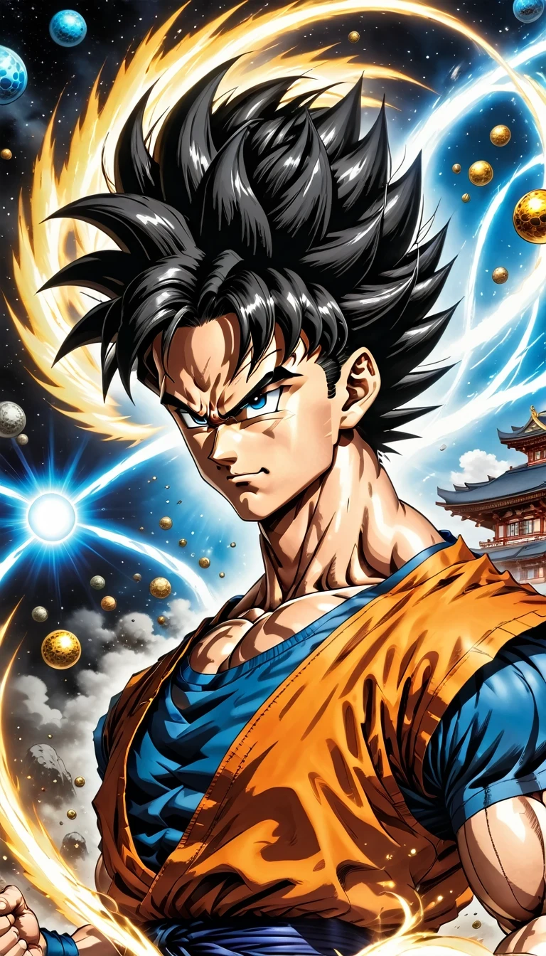 (best quality,4k,8k,high resolution,masterpiece:1.2),Super detailed,(actual,photoactual,photo-actual:1.37),illustration,dragon ball,figure,Wukong,vegnette,robust,Saiyan,fighting,energy beam,Action packed,史诗般的fighting,martial arts,Explosive force level,flight,gas explosion,Transformation,Characteristic hairstyle,muscular,otherworldly existence,fantasy,venture,superhuman strength,Supernatural abilities,angry,Axia,Namexians,robot,fighting championship,galactic conquest,cosmic threat,evil villain,The ultimate warrior,Orbital energy attack,dynamic poses,rich and colorful,shining,eye-catching,high-energy,Explosive effect,Orin Temple,dragon balls,deformation,interesting,good and evil,Teamwork,loyalty,destiny,immortal,lasting legacy,A symbol of power,The spirit of never giving up,Heroes who save the earth,larger than life,Legend,Engaging narrative,Fast-paced,Rapid heartbeat,universe-altering ventures,Dream of becoming the strongest warrior.