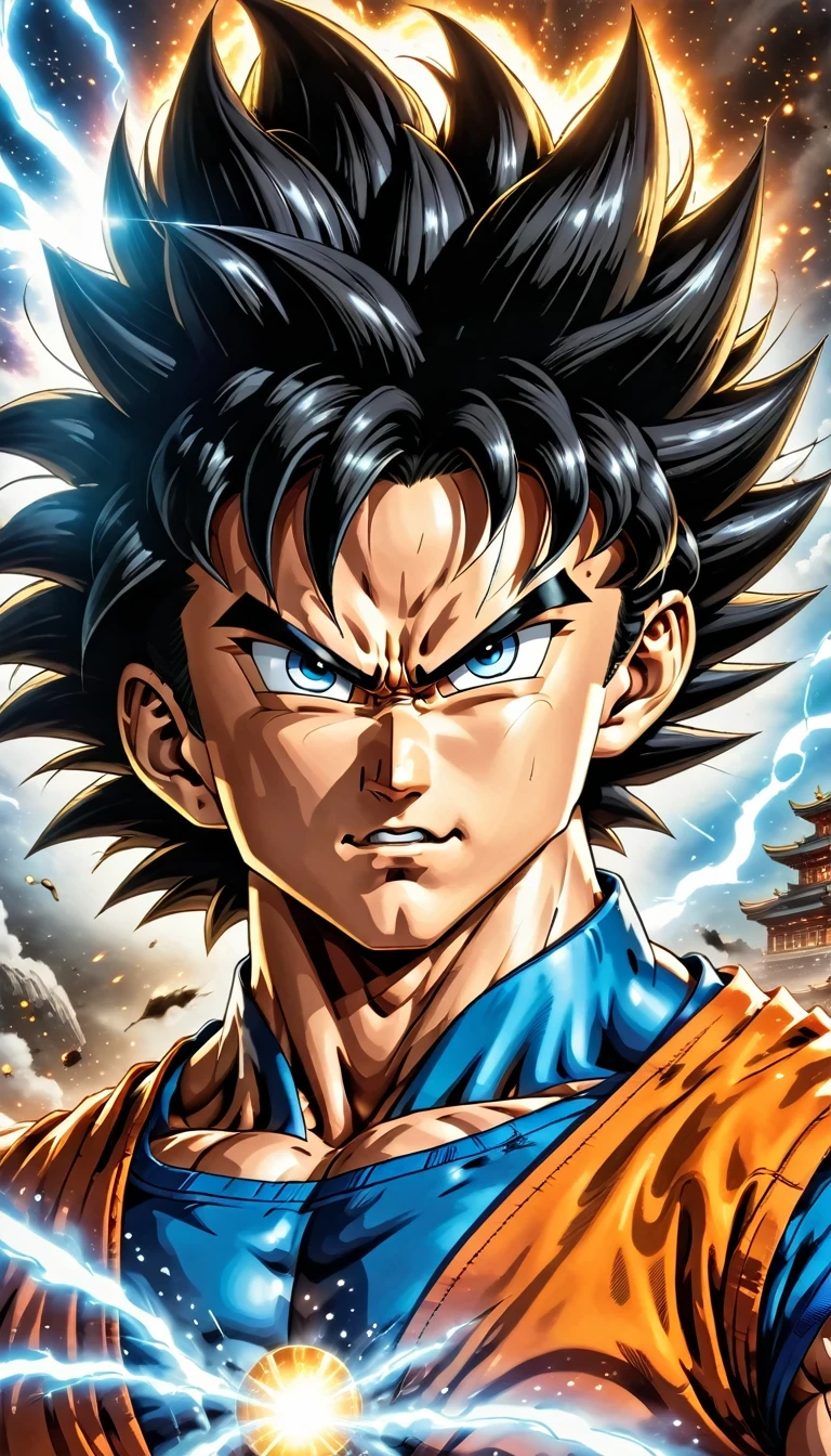 (best quality,4k,8k,high resolution,masterpiece:1.2),Super detailed,(actual,photoactual,photo-actual:1.37),illustration,dragon ball,figure,Wukong,vegnette,robust,Saiyan,fighting,energy beam,Action packed,史诗般的fighting,martial arts,Explosive force level,flight,gas explosion,Transformation,Characteristic hairstyle,muscular,otherworldly existence,fantasy,venture,superhuman strength,Supernatural abilities,angry,Axia,Namexians,robot,fighting championship,galactic conquest,cosmic threat,evil villain,The ultimate warrior,Orbital energy attack,dynamic poses,rich and colorful,shining,eye-catching,high-energy,Explosive effect,Orin Temple,dragon balls,deformation,interesting,good and evil,Teamwork,loyalty,destiny,immortal,lasting legacy,A symbol of power,The spirit of never giving up,Heroes who save the earth,larger than life,Legend,Engaging narrative,Fast-paced,Rapid heartbeat,universe-altering ventures,Dream of becoming the strongest warrior.
