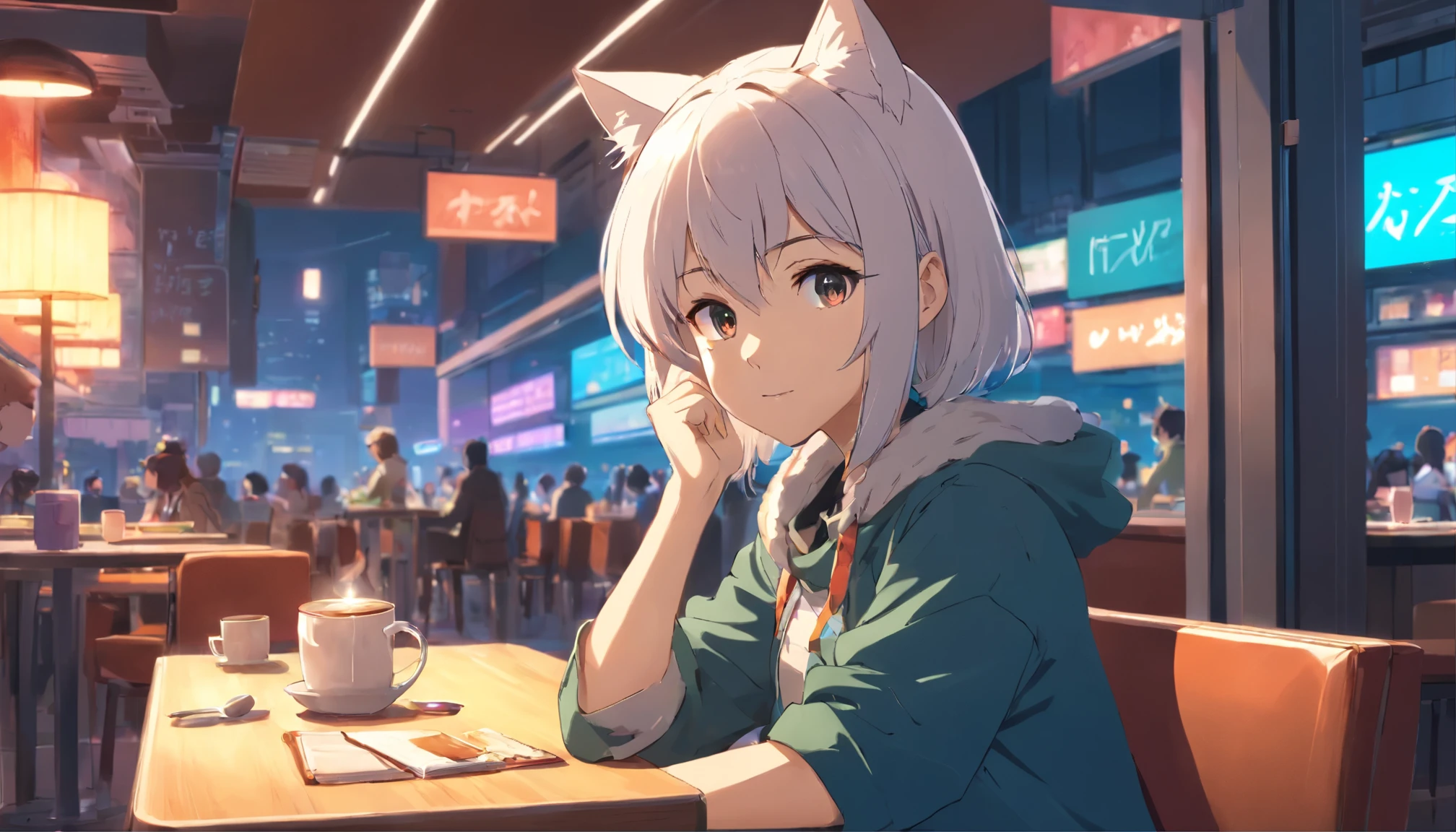 Anime girl sitting at a table with a cup of coffee, cat ears, long hair, white hair, 4K anime style, 8K anime art wallpaper, 4K anime art wallpaper, 4K anime art wallpaper, anime style. 8k, anime wallpaper 4k, anime wallpaper 4k, anime wallpaper 4k, mystery girl cafeteria, lofi artstyle, lofi girl, digital art cyberpunk anime