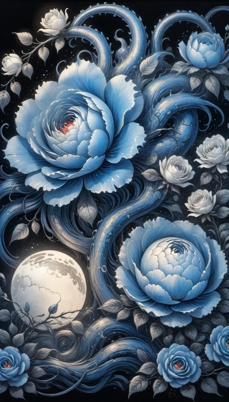 (best quality,4k,high resolution:1.2),Super detailed,actual,black and white,traditional media,pencil drawing:1.2,Chaotic lines,[[[artist moussa]]],on dark background,Blue electric charges forming stylized silhouettes of dragon beads and framed roses,bioluminescence