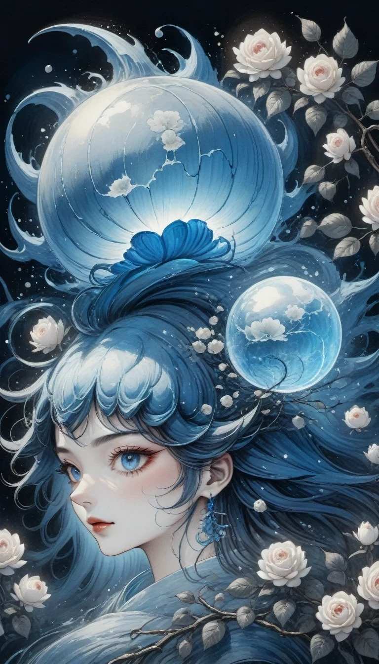 (best quality,4k,high resolution:1.2),Super detailed,actual,black and white,traditional media,pencil drawing:1.2,Chaotic lines,[[[artist moussa]]],on dark background,Blue electric charges forming stylized silhouettes of dragon beads and framed roses,bioluminescence