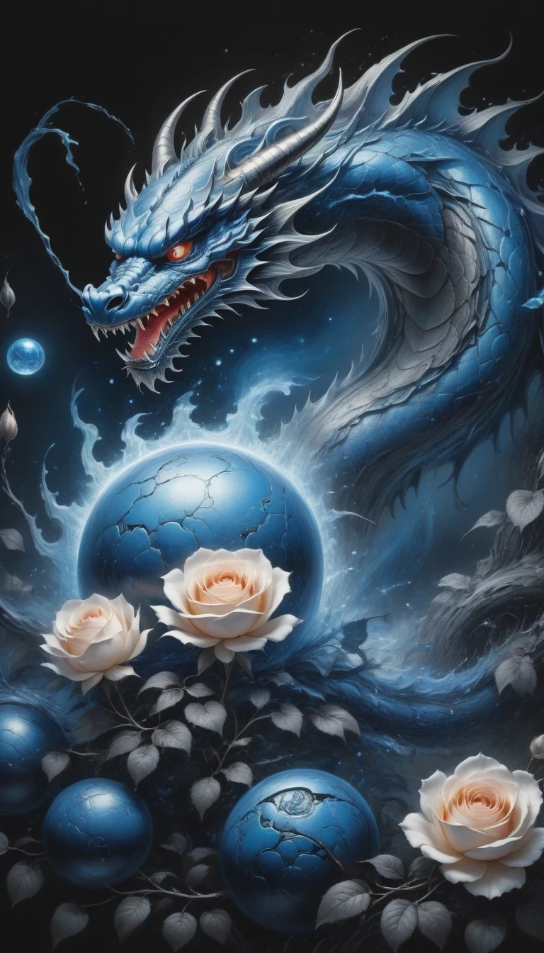 (best quality,4k,high resolution:1.2),Super detailed,actual,black and white,traditional media,pencil drawing:1.2,Chaotic lines,[[[artist moussa]]],on dark background,Blue electric charges forming stylized silhouettes of dragon beads and framed roses,bioluminescence