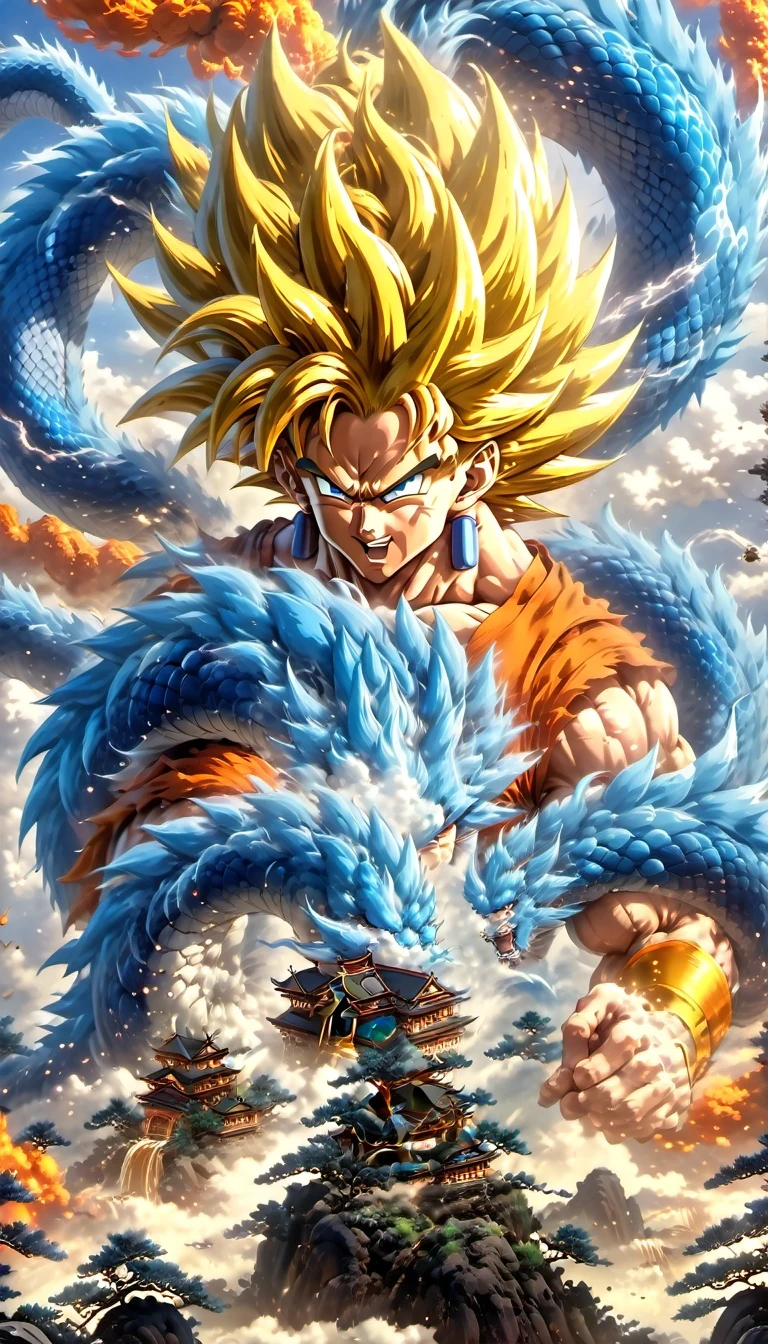 (best quality,4k,8k,high resolution,masterpiece:1.2),Super detailed,(actual,photoactual,photo-actual:1.37),illustration,dragon ball,figure,Wukong,vegnette,robust,Saiyan,fighting,energy beam,Action packed,史诗般的fighting,martial arts,Explosive force level,flight,gas explosion,Transformation,Characteristic hairstyle,muscular,otherworldly existence,fantasy,venture,superhuman strength,Supernatural abilities,angry,Axia,Namexians,robot,fighting championship,galactic conquest,cosmic threat,evil villain,The ultimate warrior,Orbital energy attack,dynamic poses,rich and colorful,shining,eye-catching,high-energy,Explosive effect,Orin Temple,dragon balls,deformation,interesting,good and evil,Teamwork,loyalty,destiny,immortal,lasting legacy,A symbol of power,The spirit of never giving up,Heroes who save the earth,larger than life,Legend,Engaging narrative,Fast-paced,Rapid heartbeat,universe-altering ventures,Dream of becoming the strongest warrior.