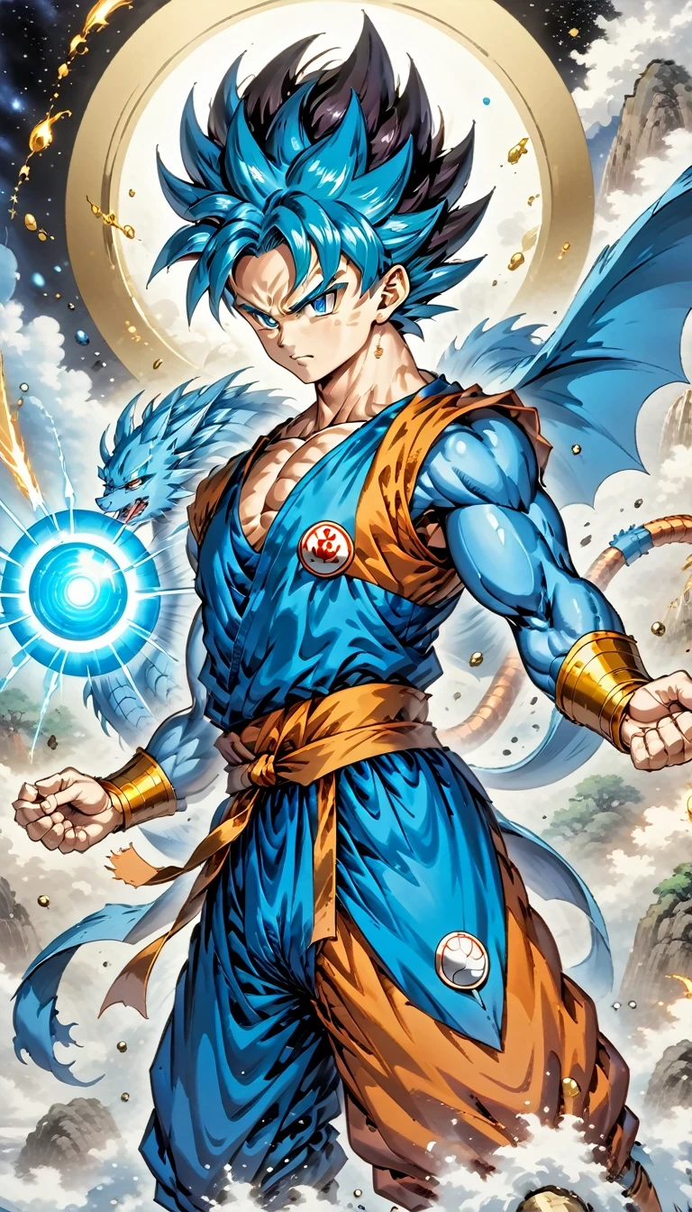(best quality,4k,8k,high resolution,masterpiece:1.2),Super detailed,(actual,photoactual,photo-actual:1.37),illustration,dragon ball,figure,Wukong,vegnette,robust,Saiyan,fighting,energy beam,Action packed,史诗般的fighting,martial arts,Explosive force level,flight,gas explosion,Transformation,Characteristic hairstyle,muscular,otherworldly existence,fantasy,venture,superhuman strength,Supernatural abilities,angry,Axia,Namexians,robot,fighting championship,galactic conquest,cosmic threat,evil villain,The ultimate warrior,Orbital energy attack,dynamic poses,rich and colorful,shining,eye-catching,high-energy,Explosive effect,Orin Temple,dragon balls,deformation,interesting,good and evil,Teamwork,loyalty,destiny,immortal,lasting legacy,A symbol of power,The spirit of never giving up,Heroes who save the earth,larger than life,Legend,Engaging narrative,Fast-paced,Rapid heartbeat,universe-altering ventures,Dream of becoming the strongest warrior.