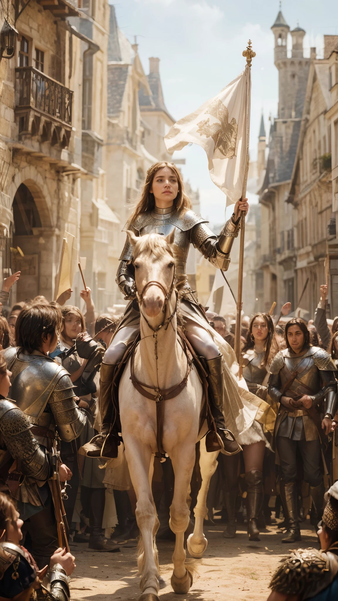 there is a woman riding a horse in a crowd of people, emma watson as joan of arc, emma watson as a knight, joan of arc, ana de armas as joan of arc, annasophia robb as joan of arc, fantasy movie still, cate blanchett as medieval queen, graphic artist magali villeneuve, still from a fantasy movie