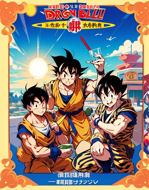 dragon ball anime illustration、Sun Wukong、Piccolo Daimaou、TIANJIN RICE、Drink tea、bloomers、Krillin、Master Roshi、Group Picture、Cover picture、akira toriyama style、The background is、Tenkaichi Ball venue、ultra detailed, ultra high res, 8k, best quality, masterpiece,
