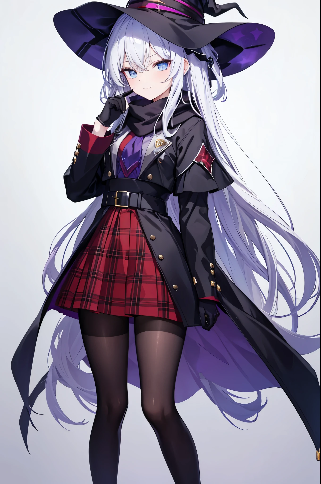 a girl，Slim thin female figure，female face，smirk的表情，White super long hair，blue eyes，There are bright spots in the eyes，female hands，white little hands，normal finger，hands behind back，smirk，Standing leaning forward，masterpiece，wearing black gloves，The hat has a red rhombus decoration，wearing scarf，Wearing witch costume，Wearing a red and black plaid skirt on the lower body，Wearing a black skirt，Wearing black pantyhose，Wearing leg rings with purple gemstones，Conservative dress，Witch&#39;s clothing，Exquisite and delicate的二次元精美画风，Exquisite and delicate，8K high quality，CG wallpaper，HD，flat chest，alone，tomorrow ark风格，tomorrow ark，Wearing black pantyhose，Wearing leg rings with purple gemstones，Wearing black pantyhose，smirk的表情，White super long hair，blue eyes，There are bright spots in the eyes
