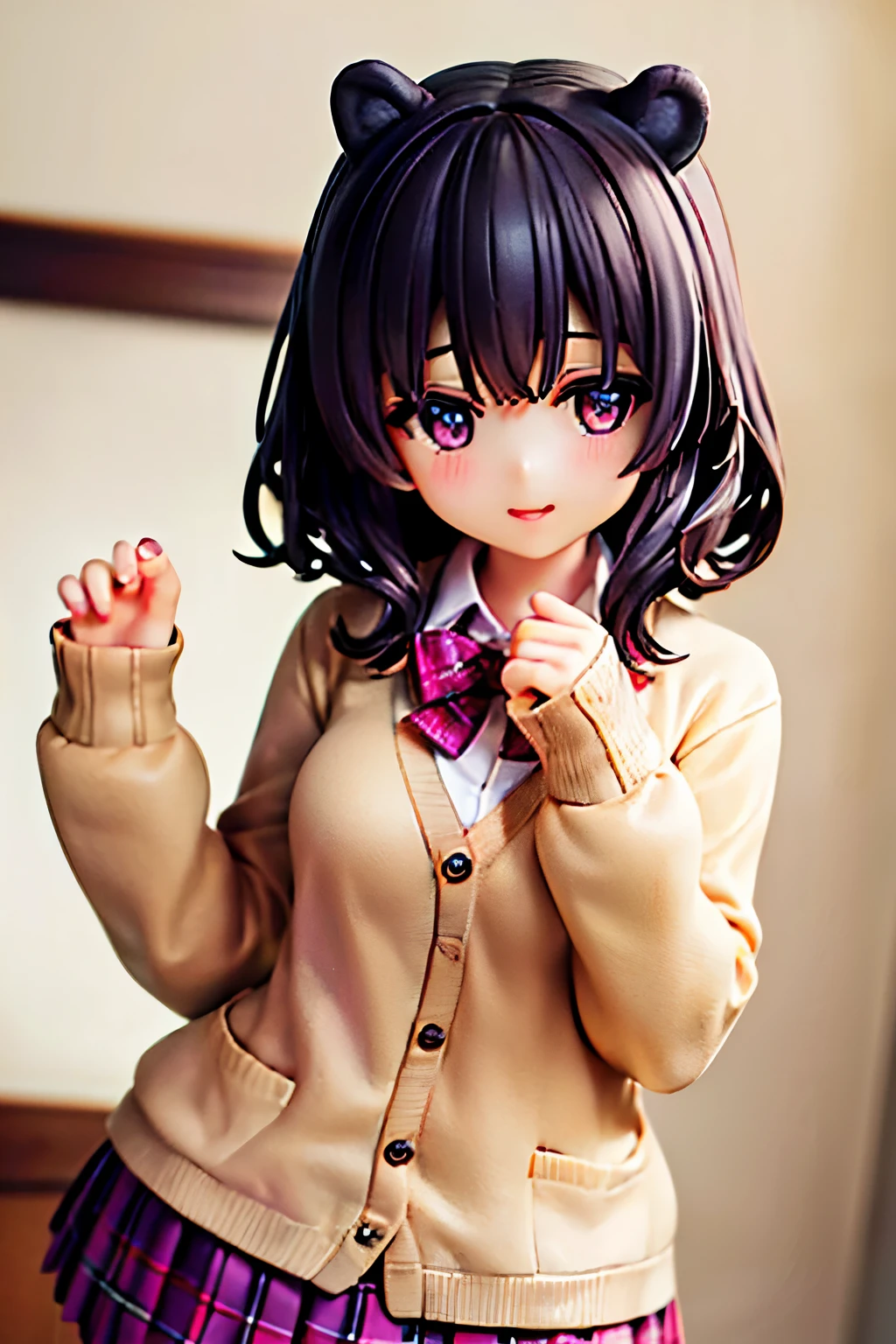 ((worst quality, low quality)), muste piece,best quality,Super detailed,masterpiece, (Castle:1.3), (テーマパークのCastleの背景:1.2), ((Close-up)), ((face focus)), ((Kemonomimi girl with black bear ears:1.2)), solo, ((Black hair berry berry short:1.3)), plump and glossy lips, (Beautiful purple eyes:1.3), spoken word heart, (best smile), spoken word heart, (Cute Pose:1.2), (school uniform:1.2), (Beige cardigan fits the body:1.4), ((long sleeves, sleeves past the wrist):1.2), (White collar shirt underneath:1.3), ((raise button, Not loose):1.5),(red plaid pleated skirt:1.3), ((Dark Brown Pantyhose Afers):1.2), best quality, masterpiece,