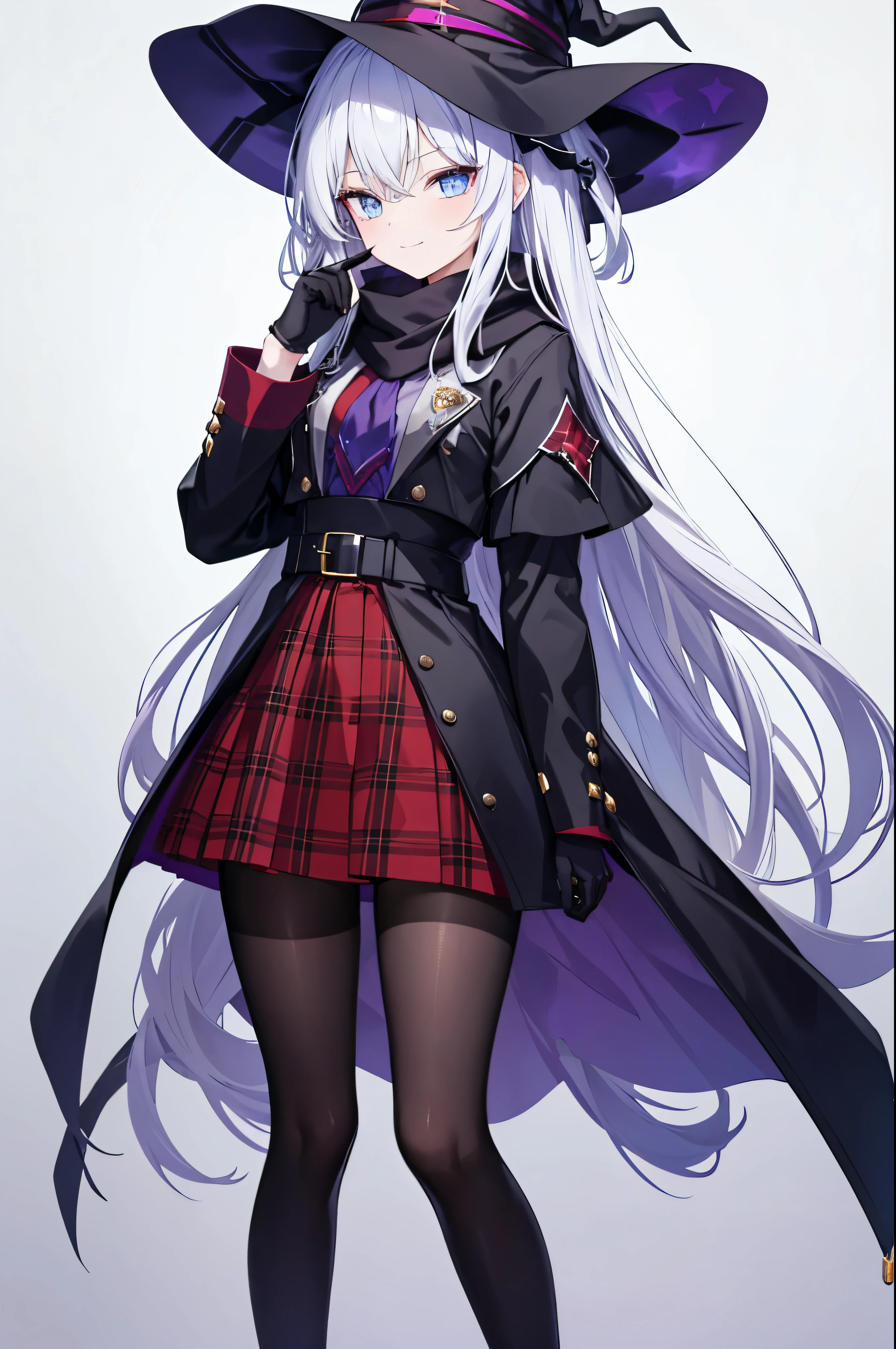 a girl,Female figure slim and slender,female face,giggle的表情,White super long hair,blue eyes,There are bright spots in the eyes,female hands,white little hands,normal finger,Put your hands behind your back,giggle,Leaning forward while standing,masterpiece,wearing black gloves,The hat is decorated with red diamonds,Wear a scarf,穿着女巫clothing,Wearing a red and black plaid skirt,wearing black skirt,Wearing black pantyhose,Wear a leg ring with purple gemstones,conservative dress,witch'clothing,Exquisite and delicate的二次元精美画风,Exquisite and delicate,8K high quality,CG wallpaper,HD,flat chest,alone,tomorrow ark风格,tomorrow ark,Wearing black pantyhose,Wear a leg ring with purple gemstones,Wearing black pantyhose,giggle的表情,White super long hair,blue eyes,There are bright spots in the eyes