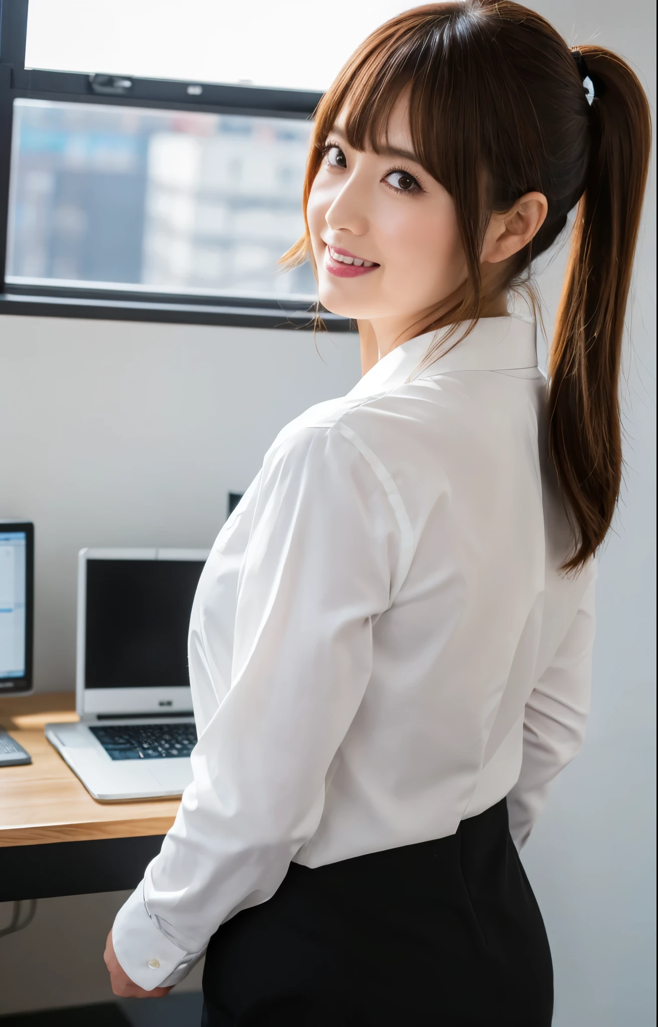 (Best quality, 8k, 32k, Masterpiece, UHD:1.2), from behind, 1 walking girl, beautiy Japanese office lady, (smile:0.5), (looking at the the viewer), 30 years old, bit chubby, white shirt, black skirt, office room, desk, detailed beautiful face, twin-tail wavy hair, from below,