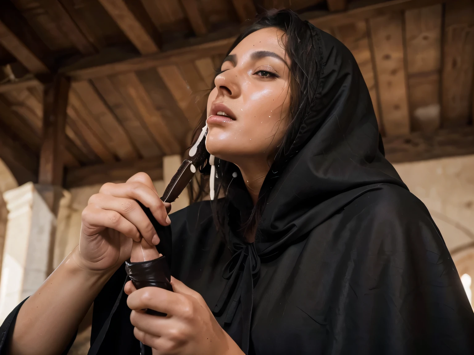 photo of Sensual Sweaty italian female lady of the castle,wearing a large black cloth cloak,on her knees doing a blow job to a black man , hand job, lot's of cum on her face and falling from her mouth,photo is taken from up front (skin texture), Fujifilm XT3, DSLR, 50mm,