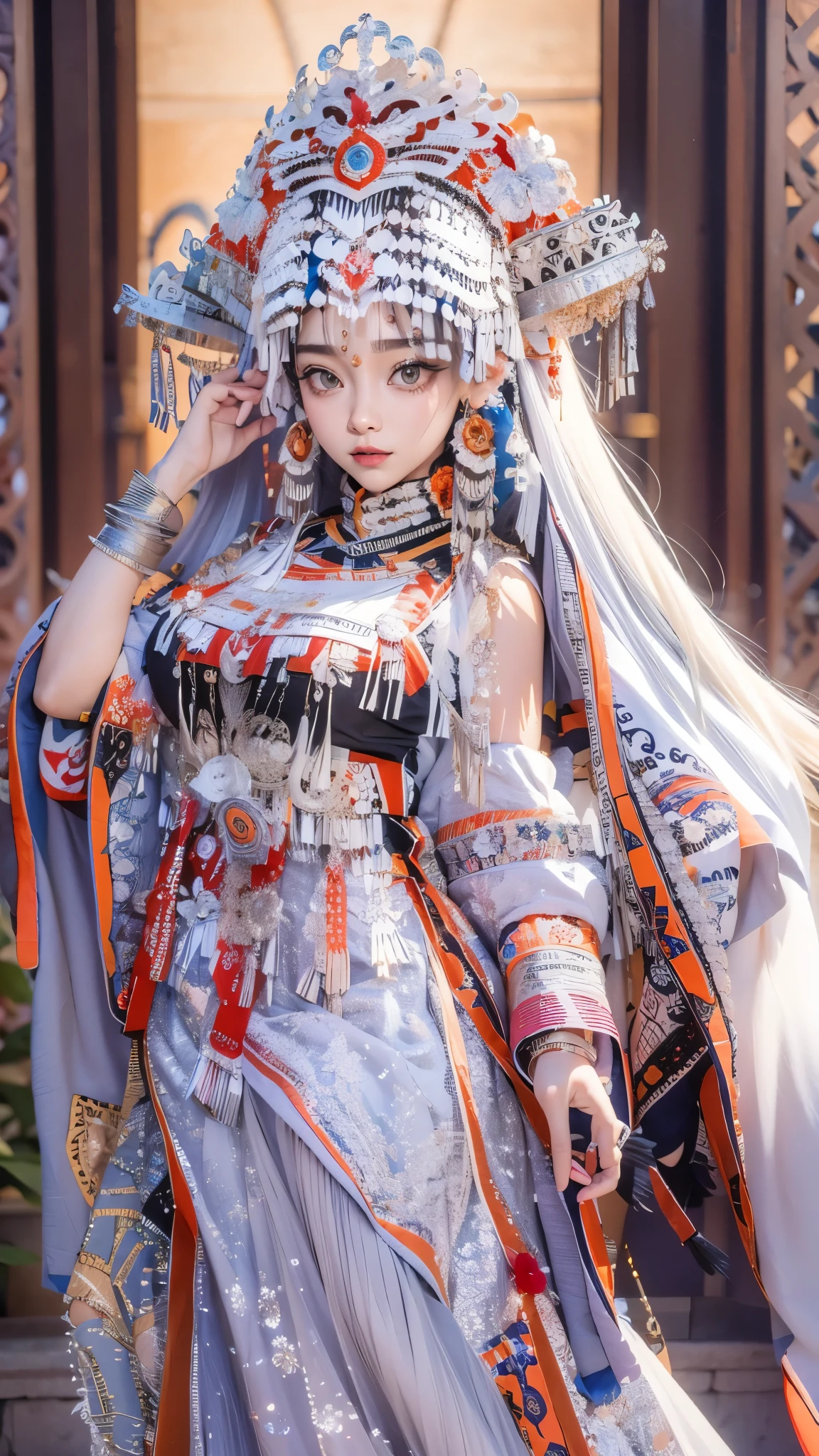 (good structure),high dynamic range,ultra high definition,8k,1 girl,Chinese Yi costumes,silver metal headpiece, brown eyes, earrings, have, jewelry,Yi ethnic metal jewelry,A huge metal have,Headwear metal tassels,Silver metal have, lace, lace trim, lips, long hair, looking at the audience, parted lips, alone, Upper body