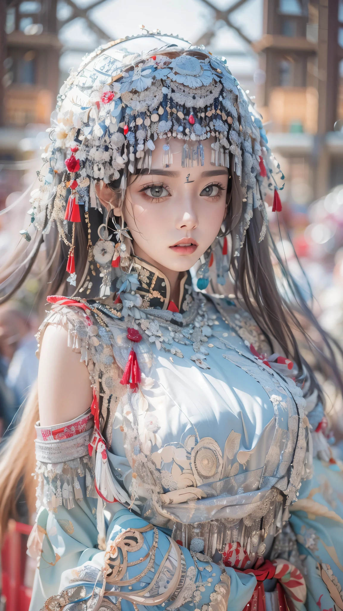 (good structure),high dynamic range,ultra high definition,8k,1 girl,Chinese Yi costumes,silver metal headpiece, brown eyes, earrings, have, jewelry,Yi ethnic metal jewelry,A huge metal have,Headwear metal tassels,Silver metal have, lace, lace trim, lips, long hair, looking at the audience, parted lips, alone, Upper body