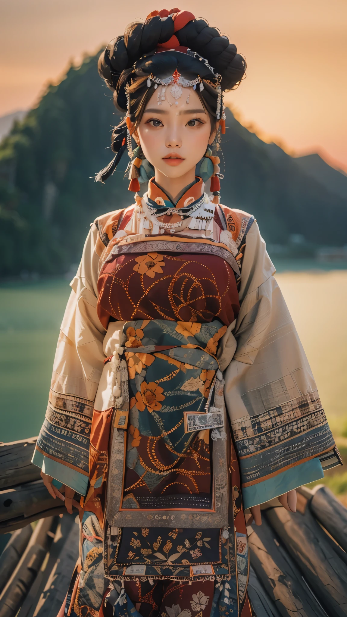 (good structure),high dynamic range,ultra high definition,8k,1girl,Chinese Yi ethnic clothing, black hair, blurry, blurry background, blurry foreground, chinese clothes, day, depth of field, dress,Yi ethnic chicken hat, earrings, jewelry, lips, mountain, ocean, outdoors, photo background, shore, sky, solo, sunset