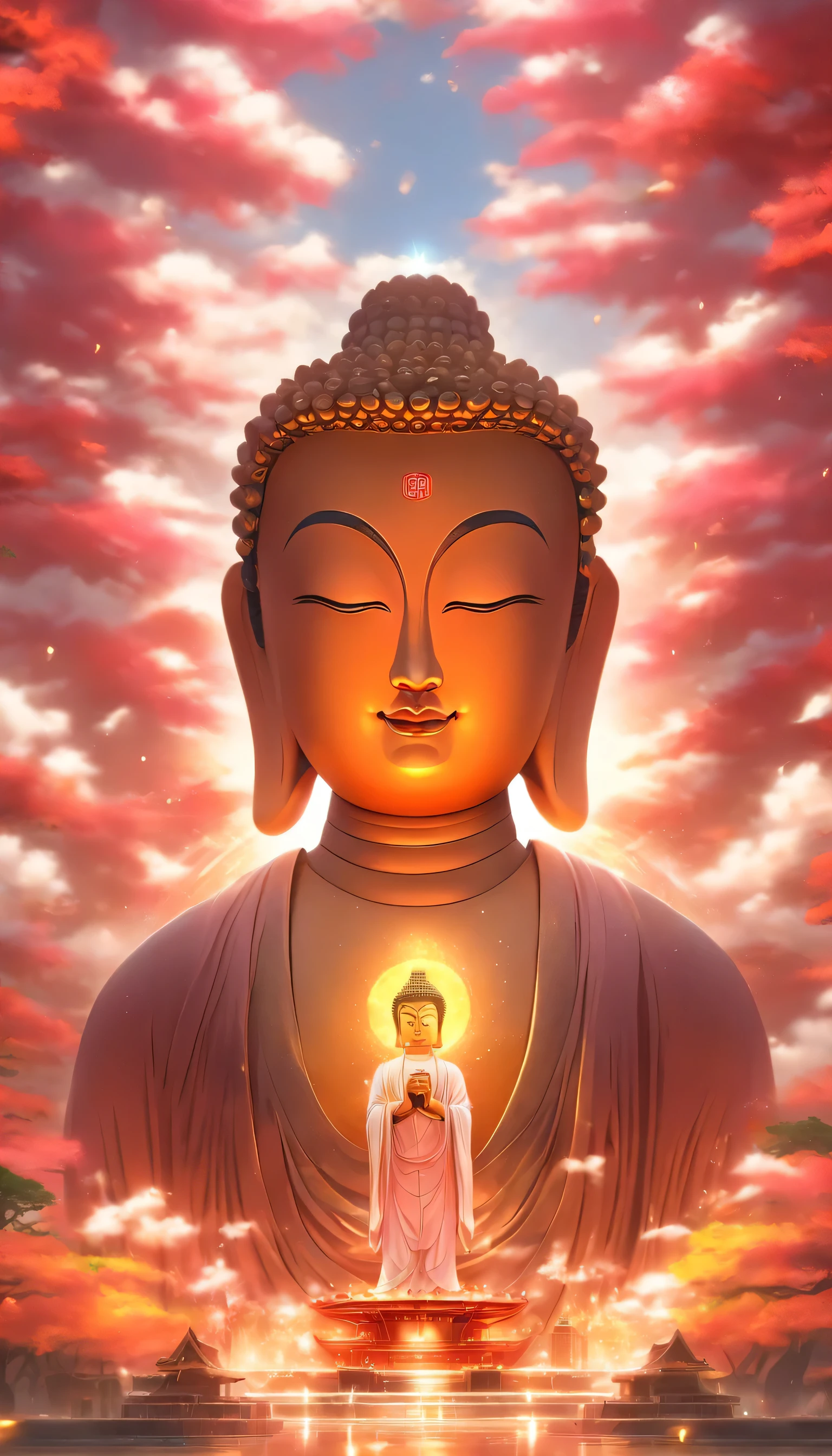 ((table top)),(最high quality)),The Great Buddha facing the front,thick clouds,shining sun,,surreal,ultra photoreal sim,pink,8k,High resolution,high quality,super fine,(((OC renderer)))、(((look forward)))、Photo from above the waist、Make your face the center of the photo、(((One person is the Great Buddha)))、(((close up face)))