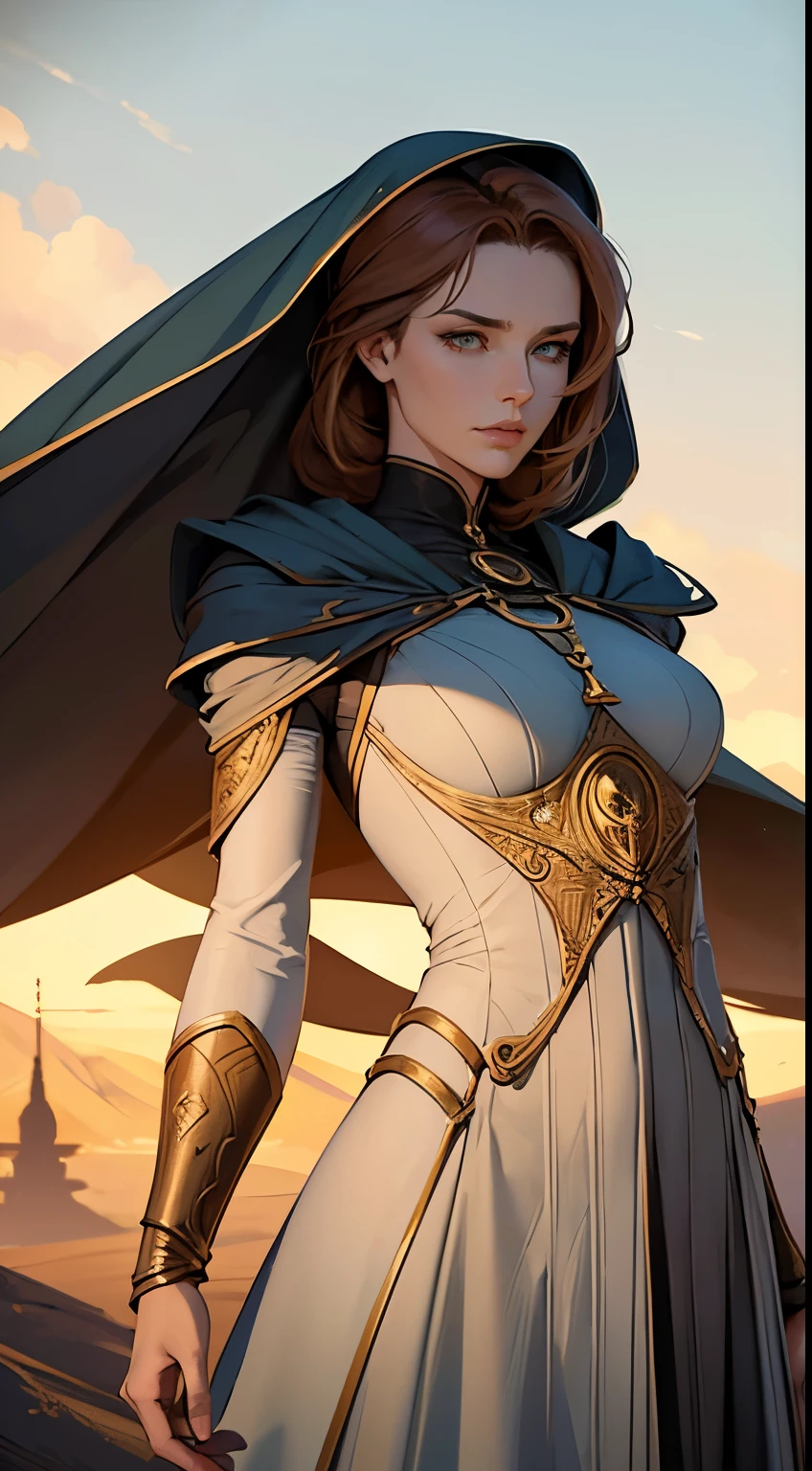 Digital illustration, Lady Jessica from the novel Dune by Frank Herbert, depicted in an elegant yet powerful stance, Art Styles: High Fantasy meets Science Fiction, Art Inspirations: ArtStation, by oprisco, Camera: 35mm, Shot: close-up, Render Related Information: 4K resolution, highly detailed, HDR lighting, (bene gesserit grace:1.25), (intricate details:1.14), (fabric textures:1.2), (golden ratio:1.1)