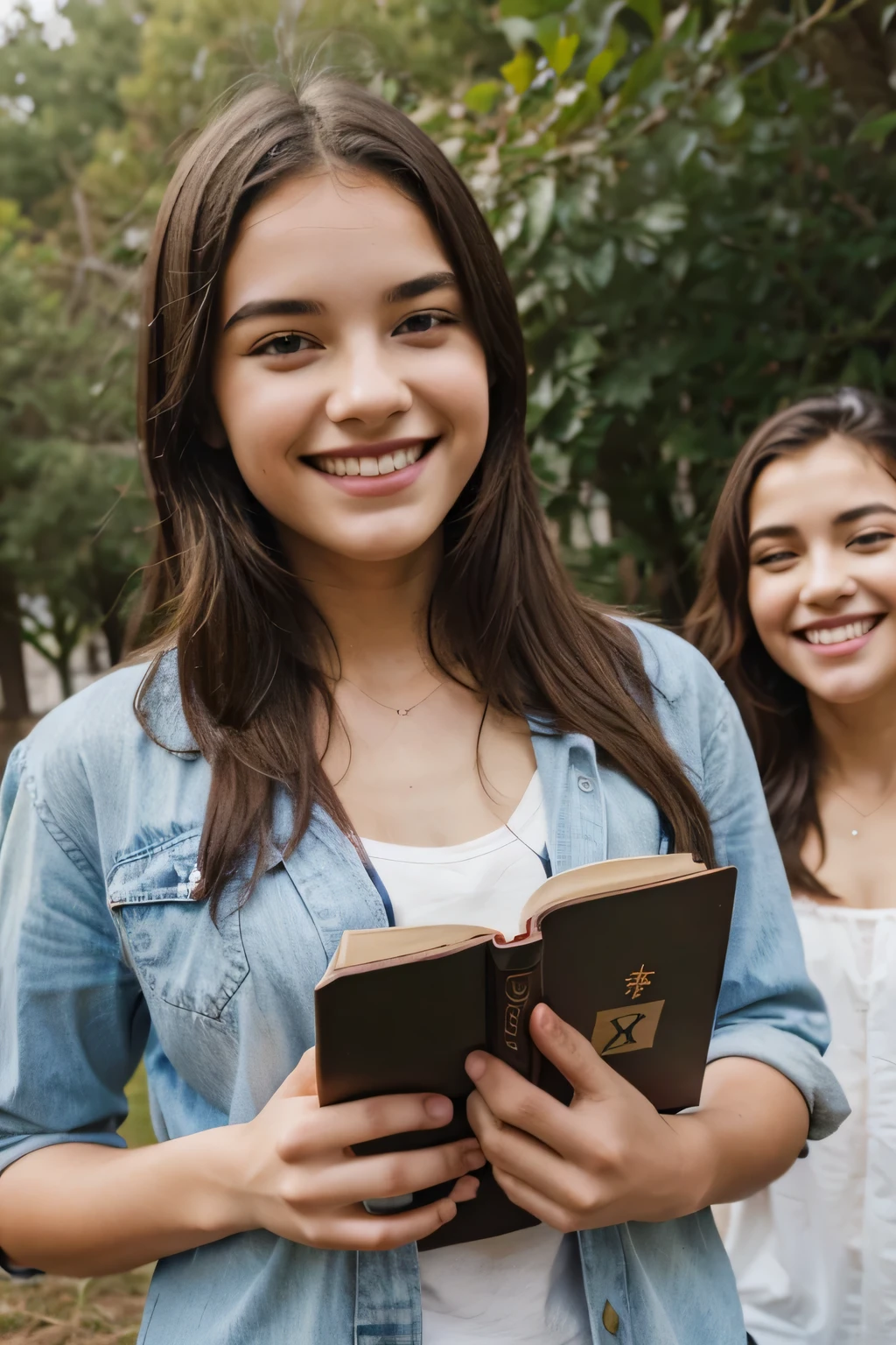 many young people smiling outdoors with the Bible