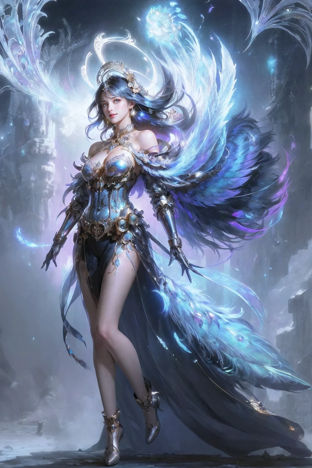 A captivating photograph featuring a female character embodying the essence of a powerful and enchanting blue phoenix. She wears a mesmerizing, vibrant ensemble that showcases her regal presence, adorned with intricate details that accentuate her blue aura. The blue fiery phoenix, with feathers ablaze, stands proudly on her shoulder, as she commands blue fire and magic. A cinematic moment unfolds, with a sharp focus on every intricate detail, as the high-quality photography and 3D render bring this fantastical scene to life, immersing viewers in a visually stunning and captivating experience. The composition is masterfully lit, with vivid colors and striking contrasts that create an unforgettable dark fantasy masterpiece., photo, vibrant, illustration, 3d render, dark fantasy