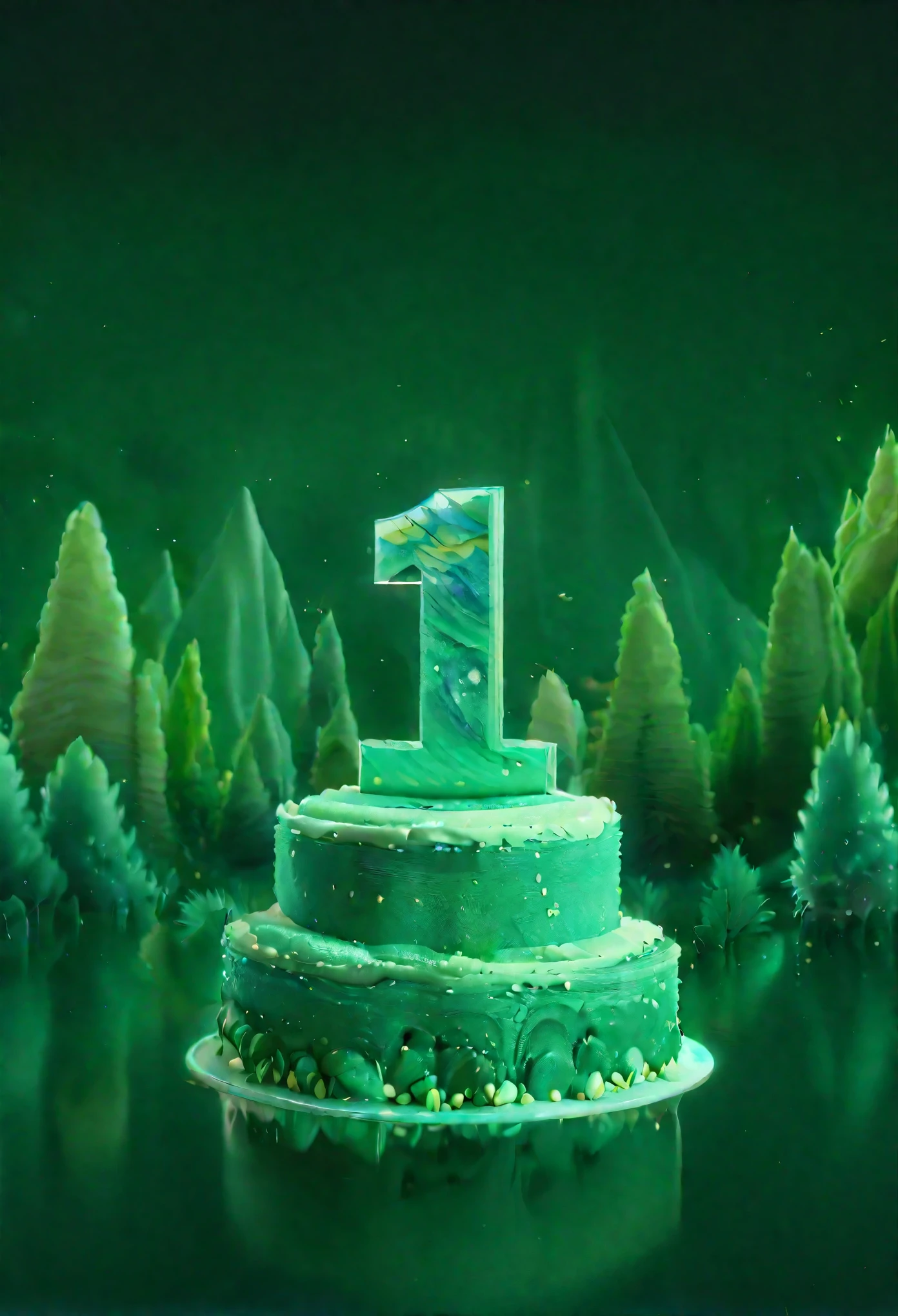 There is a green cake，There is the number one on it, 4D cinema rendering, Rendering in cinema4d, Depicted as 3D rendering, a green, Rendered in Octane 32k Rendered, 4D cinema rendering octane, 3D fluid simulation rendering, Stylized 3D, Stylized for 3D rendering, Render the dreamy mountain background in Maya 4D with a wide-angle artistic sense and a gradient cream texture from top to bottom.