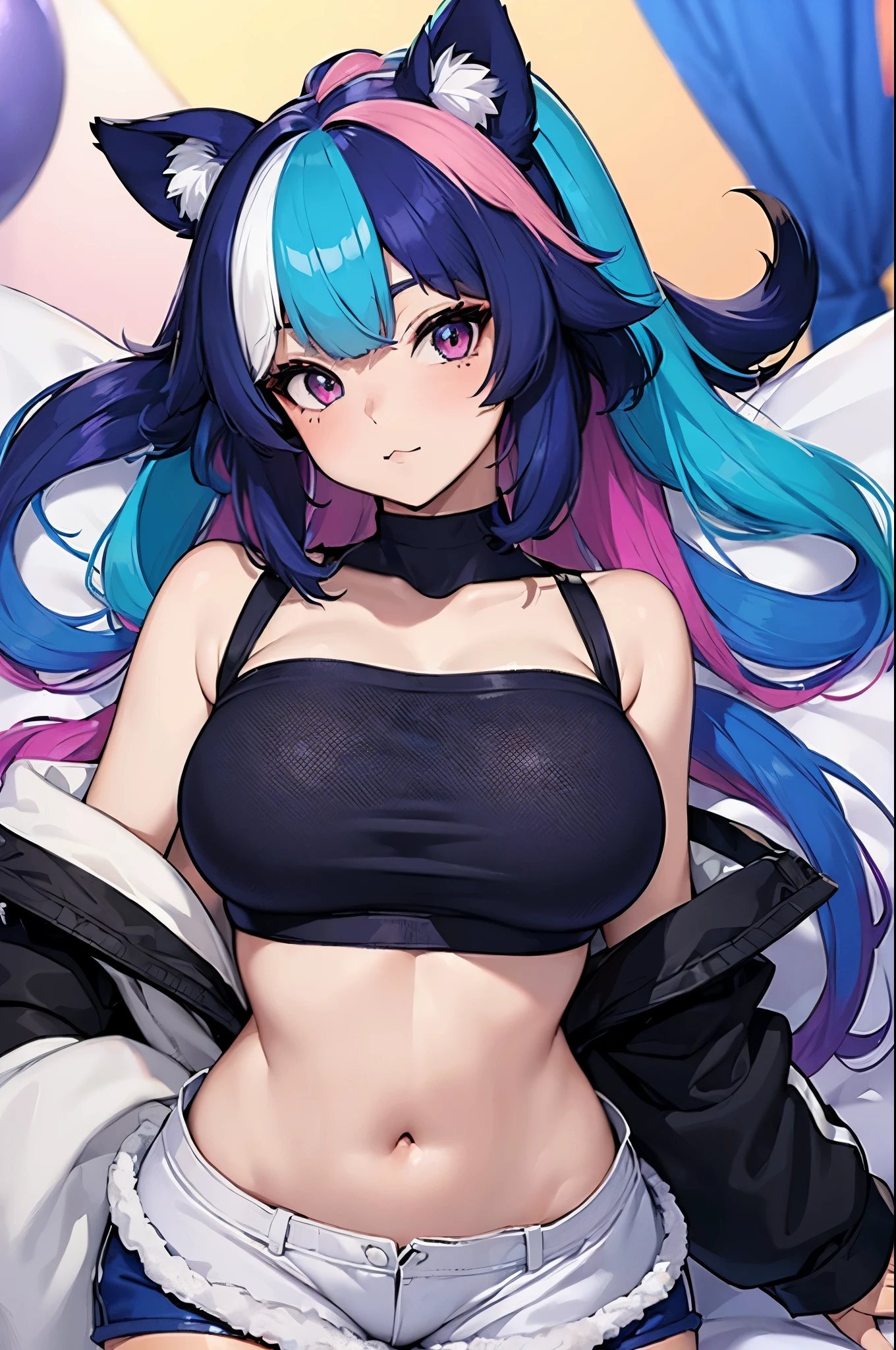 (feminised:1.5), Furry raccoon, (Michiru:1.1), (Luna Crop Top:1.1), croptop, (Luna Shorts:1.1), bottomwear,, 1girl , Solo, Blue hair, (multicolored hair),(multicolored eyes), raccoon ears, Two-tone hair , bed room , large breasts, wide hips , perfect body