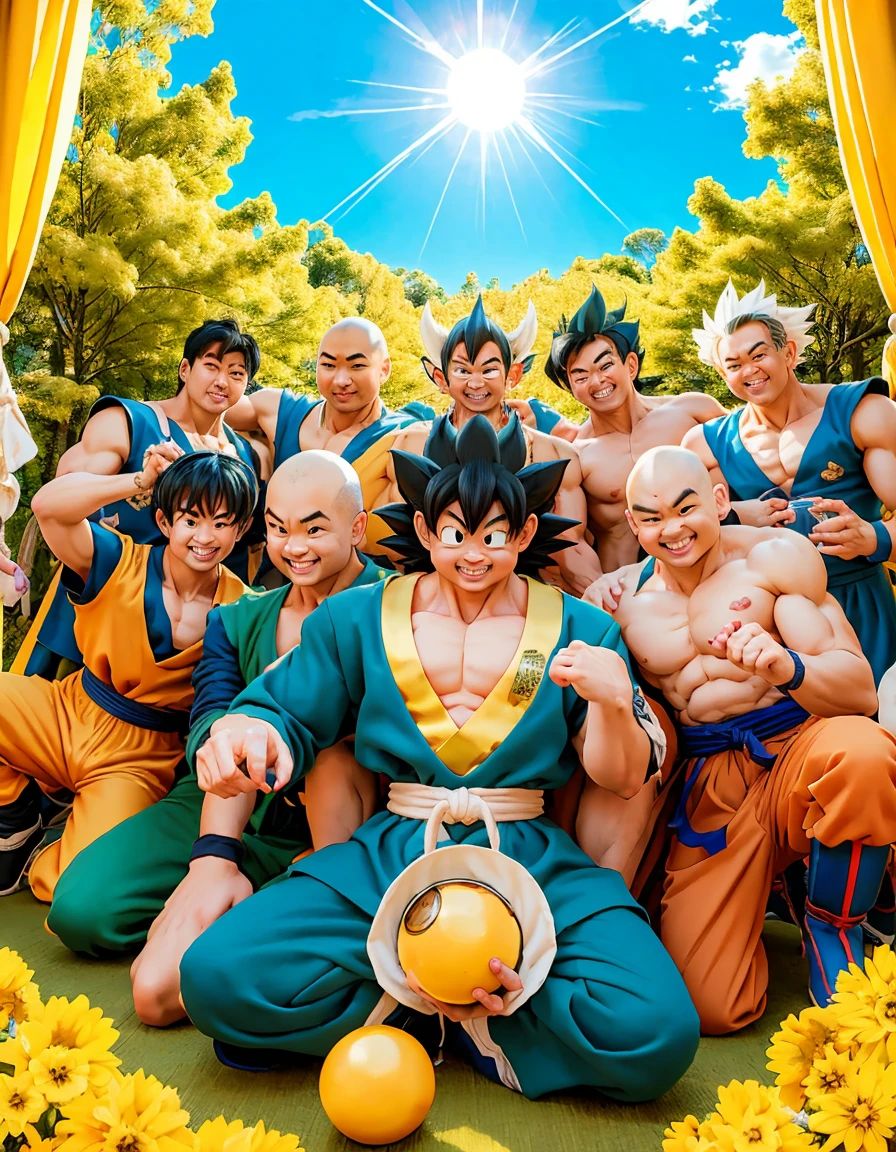 dragon ball anime illustration、Sun Wukong、Piccolo Daimaou、TIANJIN RICE、Drink tea、bloomers、Krillin、Master Roshi、Group Picture、Cover picture、akira toriyama style、The background is、Tenkaichi Ball venue、ultra detailed, ultra high res, 8k, best quality, masterpiece,