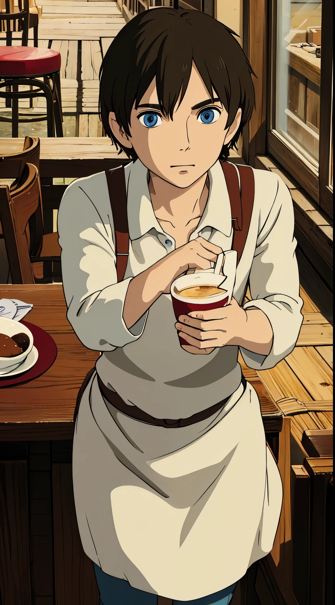 Eren, in cafe, perfect eyes, perfect face, 1 man.