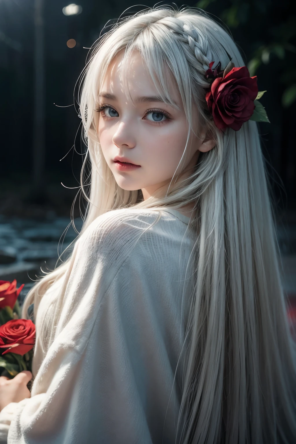 1girl,solo,1girl,solo,((beautiful detailed eyes)), (detailed light),depth of field,(white hair),silver eyes,hair over one eye,(red flower ), hair flower,long hair,black cloak,wet,emotionless,looking back,night,starfall,raining,fog,red flowers falling,sketch,upper body,intense shadows,